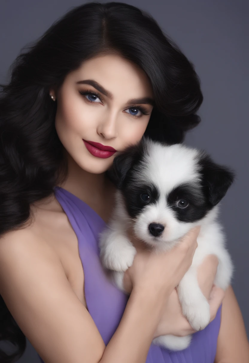 A sweet girl,closeup cleavage,beautidful eyes,black hair,Blue-purple,heart earrings,blue bow,Lady holding white dog,Beautiful girl style,solid color backdrop,sprightly,Soft color palette,is shy,Pubic area is clear,16K,the detail