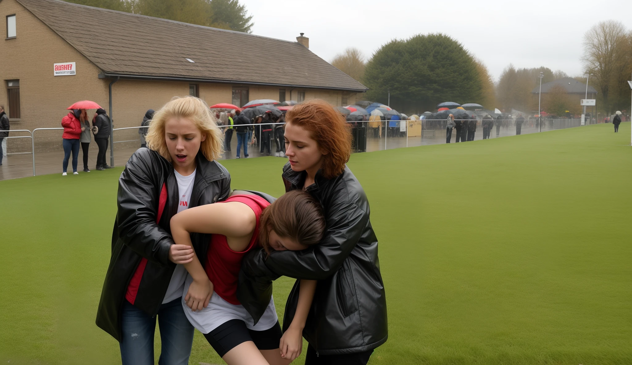 a blond woman in a shiny black coat, a redhaired woman in a shiny black coat, a sportsman in short and rough sportswear is collapsing into the girls' arms, a longhaired blond girl, a longhaired redhaired girl, a longhaired blond girl and a longhaired redhaired girl are holding together the fainting sportsman in their arms, a shorthaired sportsman in matte sportswear is collapsing with pain, he is fainting, two girls are holding him up, he is hanging in the girls' arms, girl in a laquered puffy coat, girl in a laquered downcoat, they are standing very close together, his arms are dangling, arm-in-arm, she is wearing shiny leather pants, she is grabbing his body, a shorthaired man in a matte tanktop and rough jeans, a shorthaired blond man in rough jeans, a girl in shiny leather pants, a shorthaired blond man in a matte tanktop, a girl with a very desperate facial expression, a girl in a high shine black down-coat, they are standing arm-in-arm, there is an attractive woman wearing a high-shine down-coat, a wetlook puffer-coat, a man is crying with sorrow, a woman is holding an injured shorthaired boy, there is a boy in rough jeans and a matte tanktop hugging a girl that is wearing a very shiny padded laquered coat, a shorthaired blond boy has a painful face and cannot walk, there is a girl giving support to an injured shorthaired boy, a wounded blond and shorthaired boy cannot walk and has to be supported by a girl, he is sinking into the girls' arms, a sad looking girl is carrying a wounded boy, masterpiece, jeans, boy in a matte cotton tanktop, super detailed background, detailed face, crying out, tears, desperation, pain, agony, accident pose, dramatic suffering pose, hands detailed hands, fingers:5, they are walking in the street together in the rain