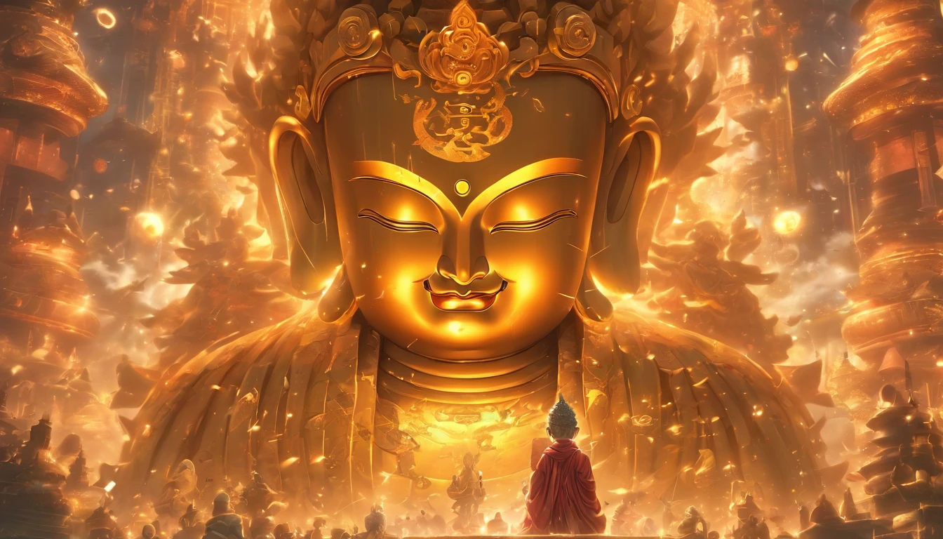 Super giant mechanical Buddha statue,Adoring crowds,Heavenly scriptures,In steampunk style,super-fine,8K,Works of masters,Meticulous mechanical depiction,OC renderer,Ultra photo realsisim