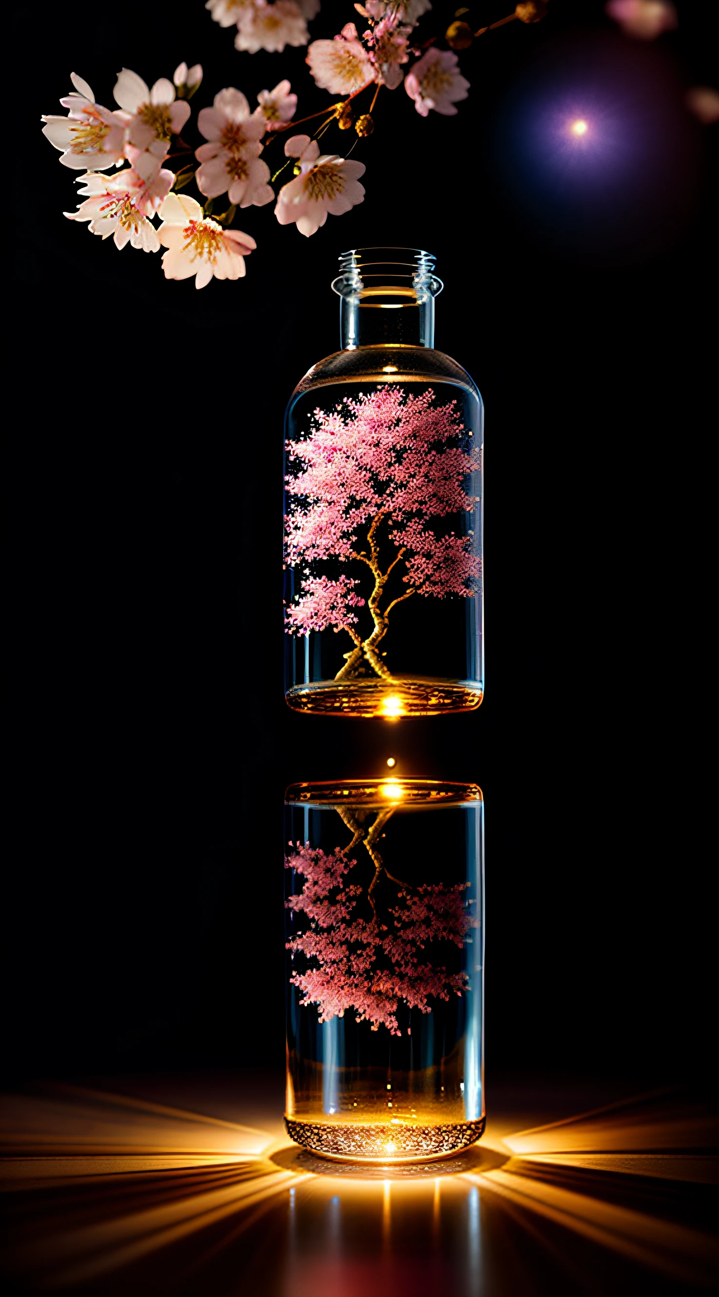 Cherry blossom tree in a bottle, Fluffy, Realistic, Atmospheric light refraction, author：Lee Jeffries Nikon D850 Film Stock Photo 4 Kodaport 400 Camera F1.6 Shots rich colors Ultra-realistic realistic textures Dramatic lighting Trends on Unreal Engine ArtStation CineStill 800, Style-Glass