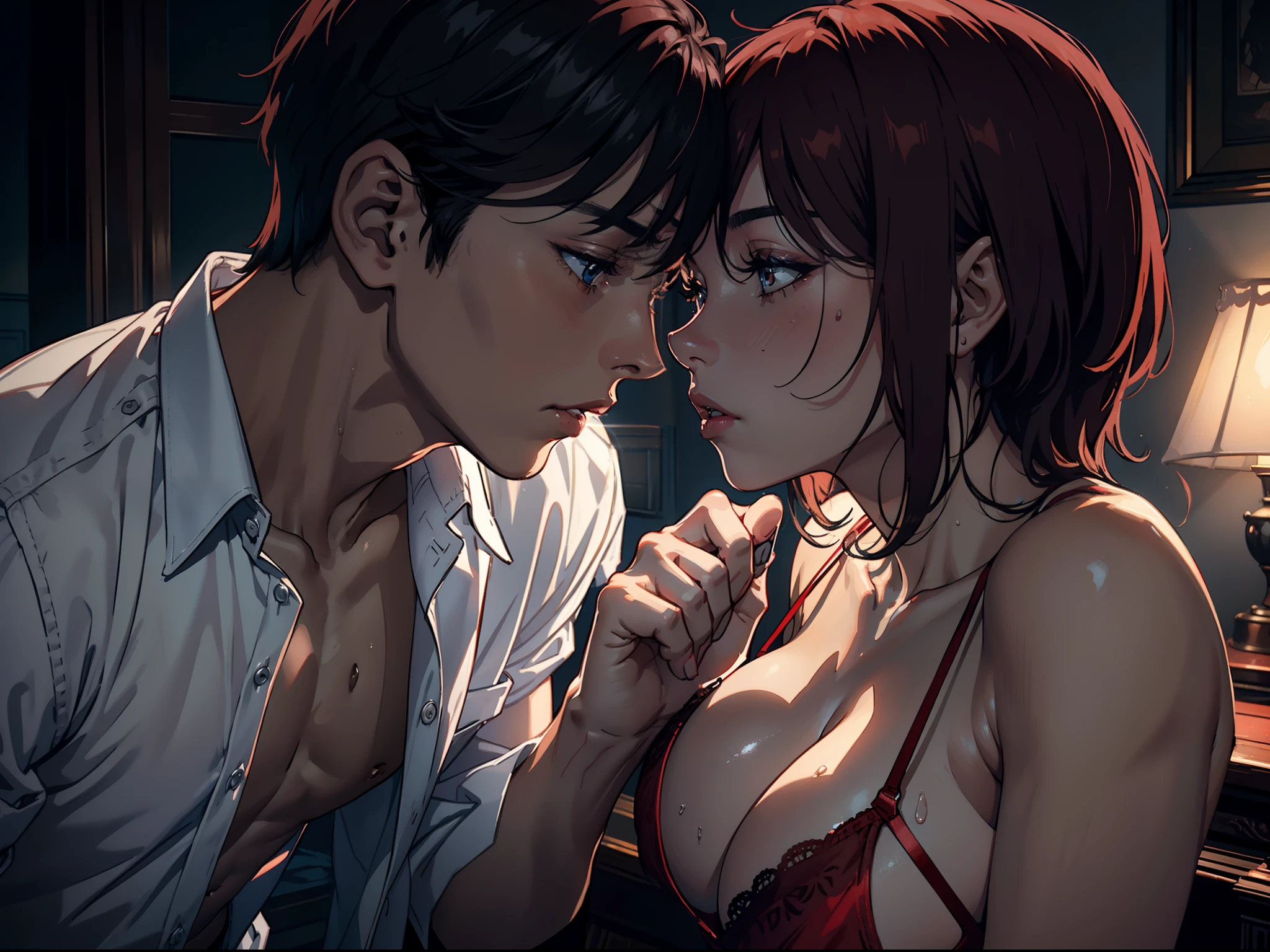 Young boy shirtless kissing woman wearing unbuttoned sheer white shirt and sexy red lingerie underneath, intense scene, dark room, one lamp, warm lighting, very erotic, sweaty, lustful, passionate, making out