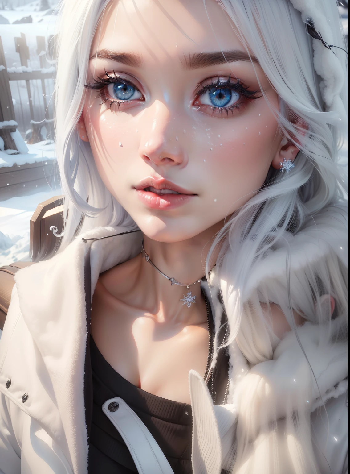 (best quality,4k,8k,highres,masterpiece:1.2),ultra-detailed,realistic,portrait,face covered in snow,beautiful detailed eyes,beautiful detailed lips,extremely detailed eyes and face,long eyelashes,snowflakes on the eyelashes,icy cold wind blowing,sparkling snowy landscape,crystal-clear frozen lake, snow-covered trees,glistening snow on the ground,frosty breath in the air,vivid colors,cool color palette,soft natural lighting