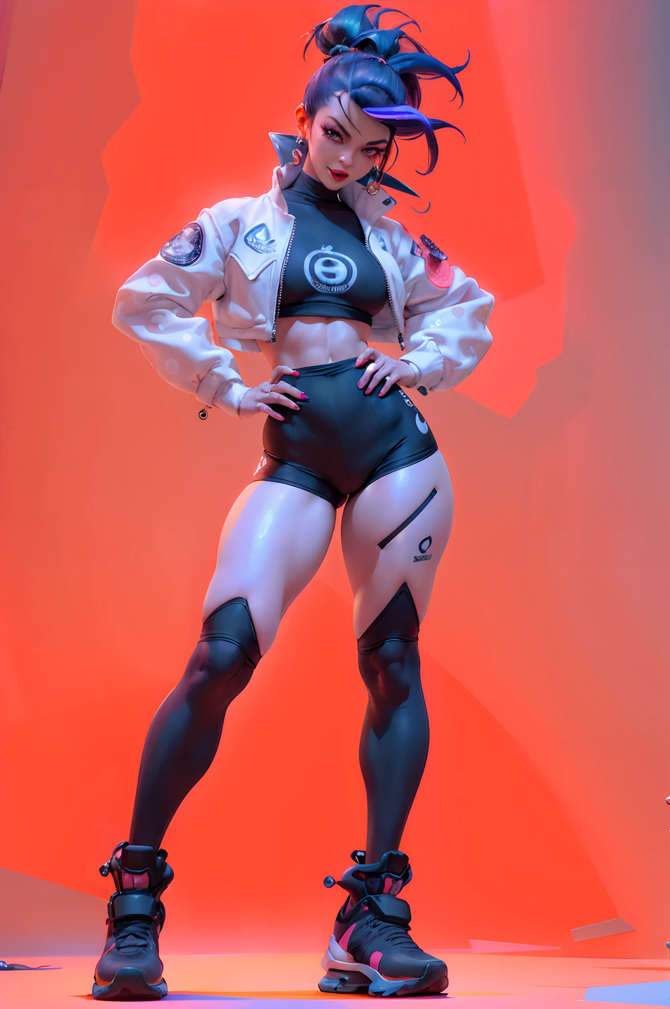 ((melhor qualidade)), ((master part)), ((realista)) e pGostosaografia ultra-detalhada, Juri Han,Menina bonita Juri Han de Street Fighter, bunda grande, Garota bonita, Neon light. veste um (Top Tecnologia-Desgaste) e um (corda preta, white pattern :1.2) , ((Beautiful and Aesthetic)), sexy, seios grandes, gostosa, mama grande, cyberpunk gym, dingy gym,