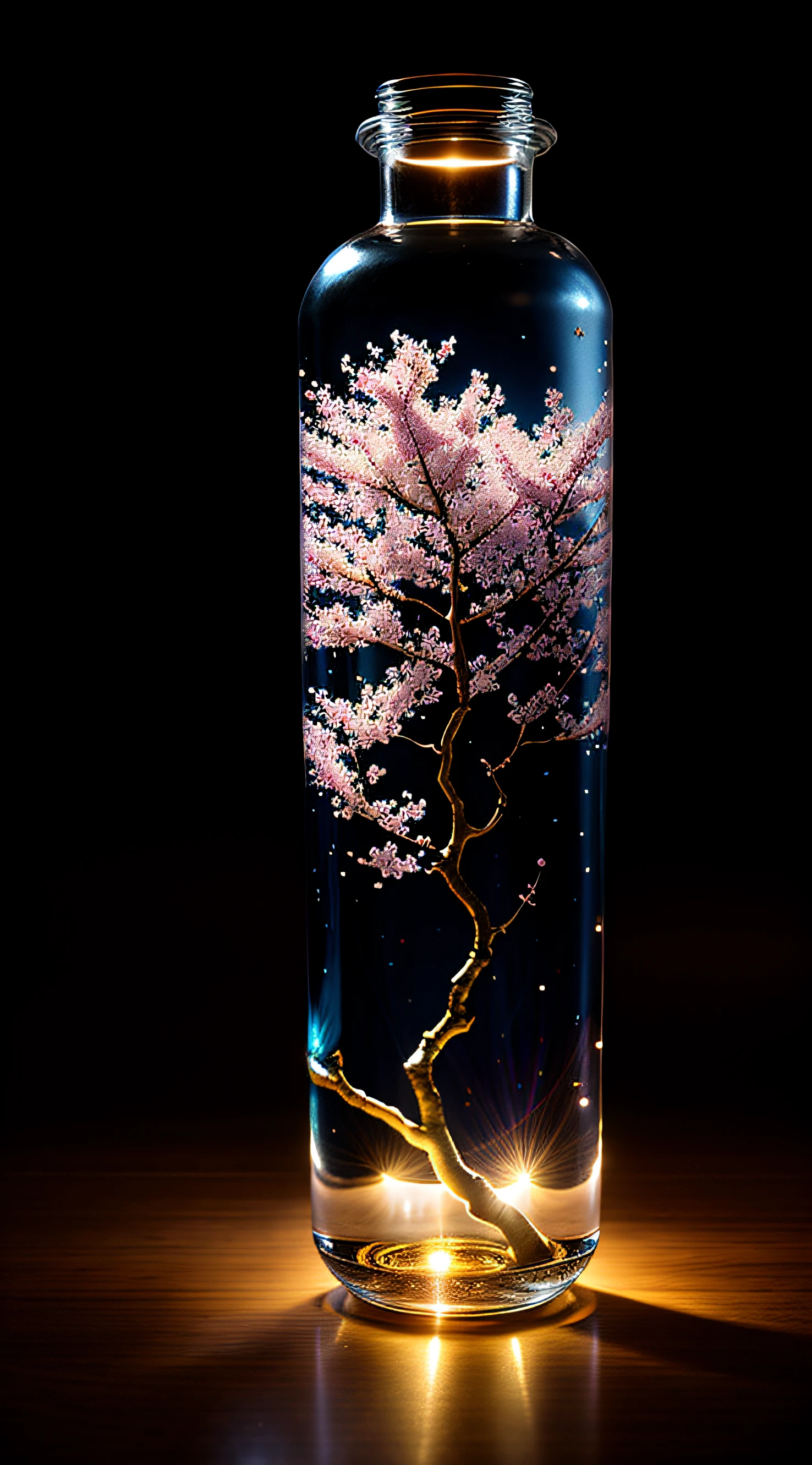 Cherry blossom tree in a bottle, Fluffy, Realistic, Atmospheric light refraction, author:Lee Jeffries Nikon D850 Film Stock Photo 4 Kodaport 400 Camera F1.6 Shots rich colors Ultra-realistic realistic textures Dramatic lighting Trends on Unreal Engine ArtStation CineStill 800, Style-Glass