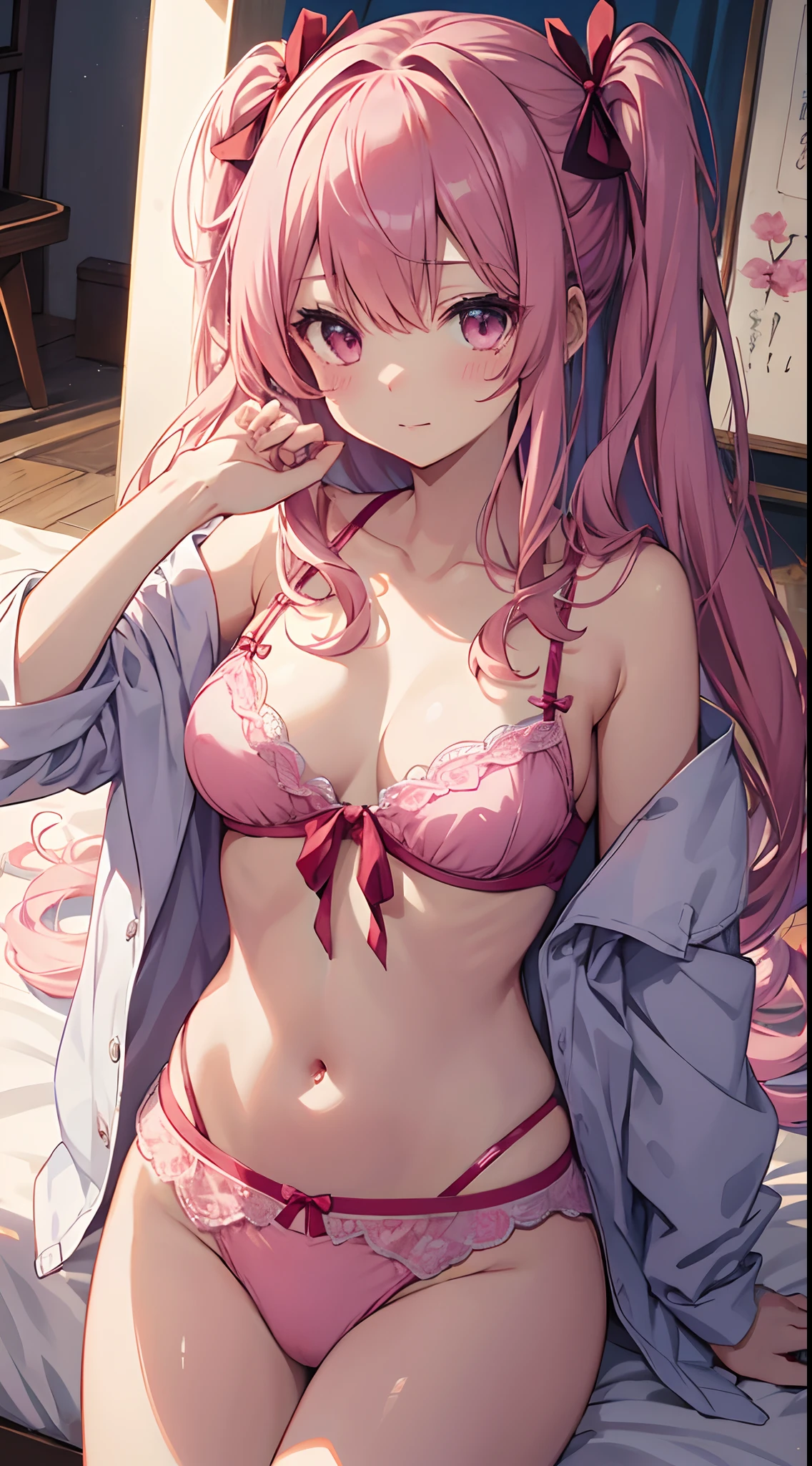 top-quality、masutepiece、1girl in、in one's underwear only、Pink lingerie、to close range、red blush、Kamimei、Staring at this、Cute anime illustration、