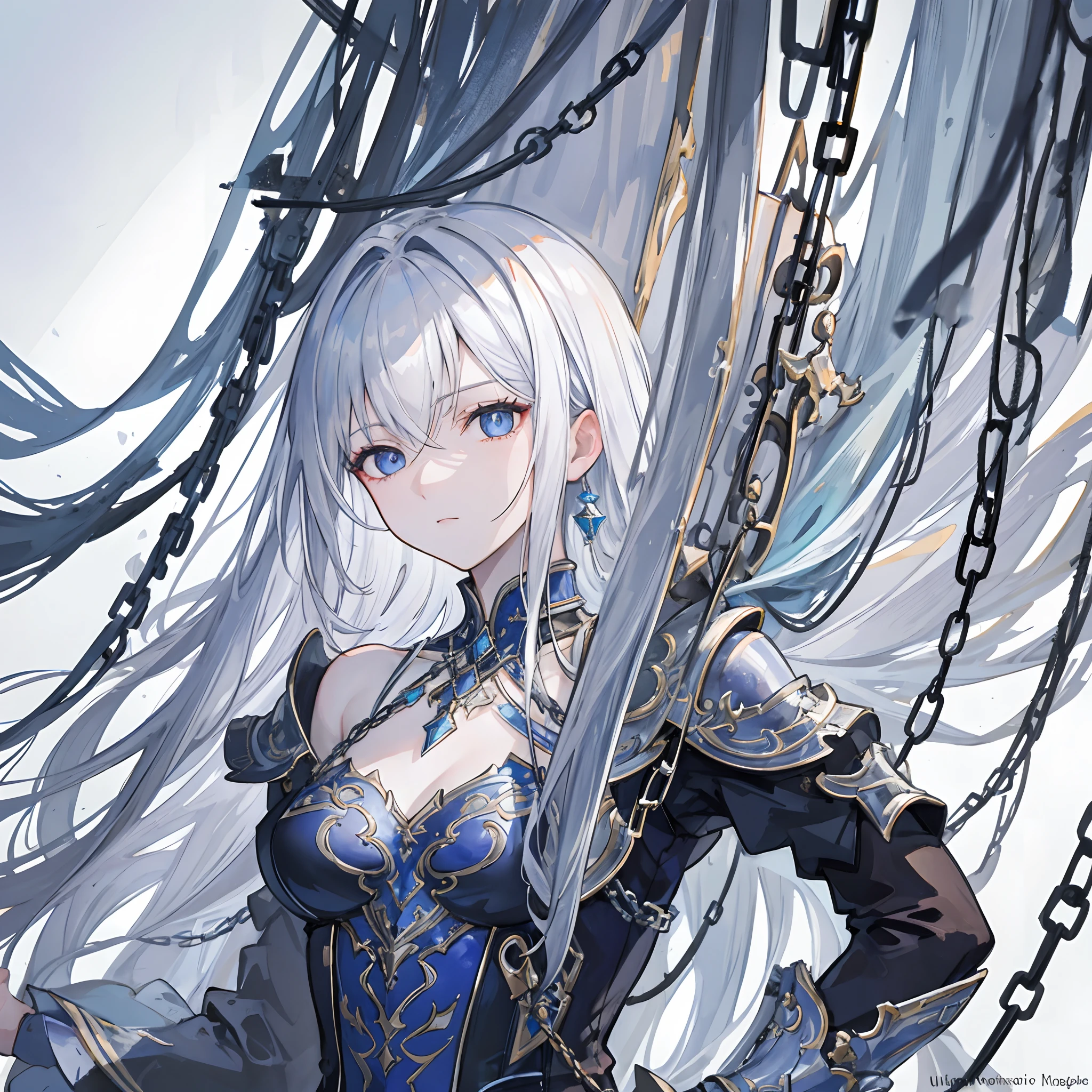 High definition RAW color art, Sculpture of an adventurer lady,  Train marble skin, High angle, chains, (((Ultra detailed elegant))), Magical atmosphere, Face Focus, Waterfall, twinkle eyes, White and white room