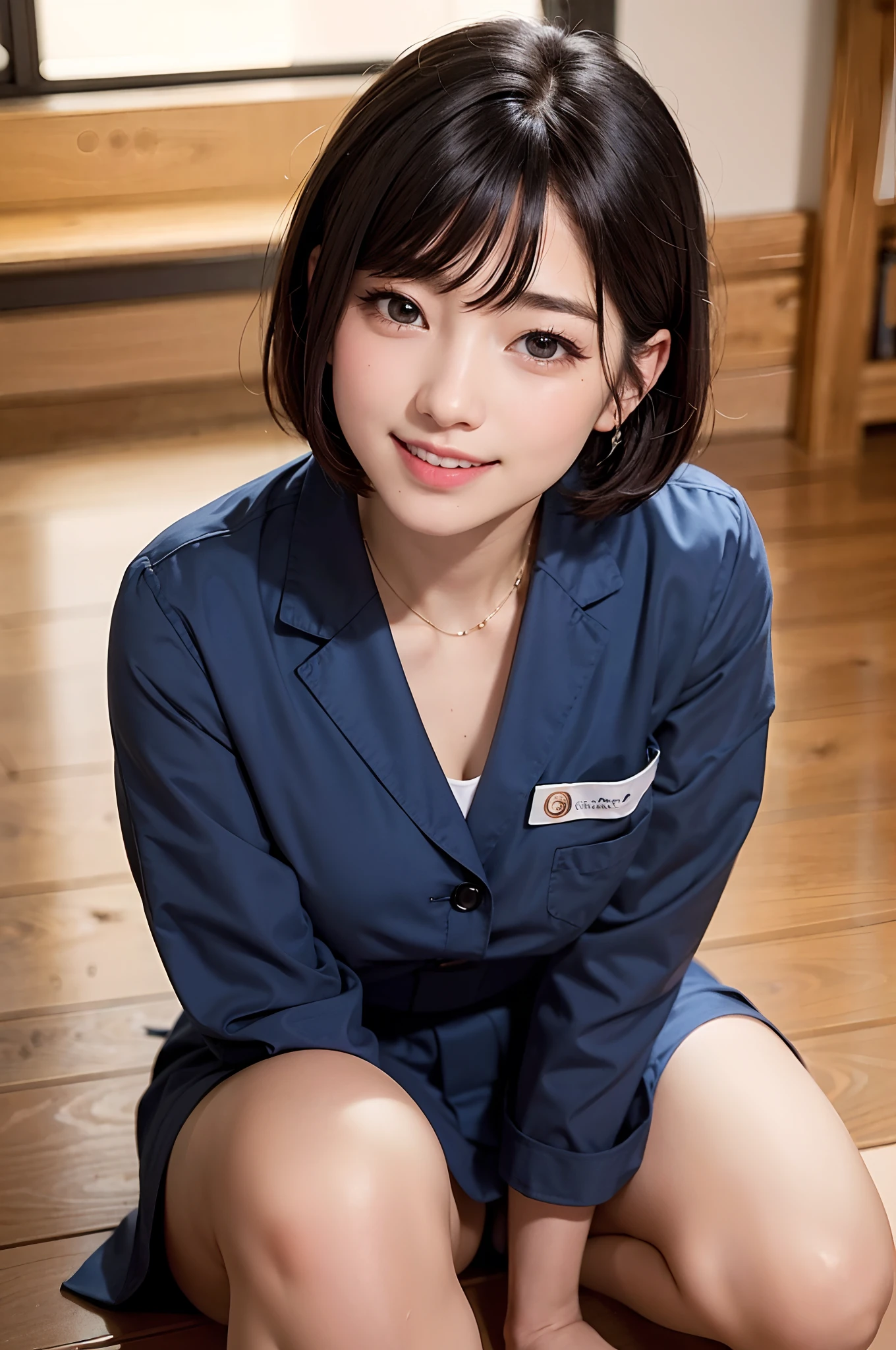 (Raw photo:1.2), (photoRealstic:1.4),((masuter piece、Best Quality、masutepiece、top-quality、Top image quality、hight resolution、1 persons、独奏、Look firmly at the camera)) 、a beautiful detailed girl, extremely detailed eye and face, beatiful detailed eyes, Beautiful teeth、Beautiful teeth alignment、happily laughing、A smile、unbelievable Ridiculous, huge filesize, ultra-detailliert, masuter piece, ((Japan Girls' High School Uniform)), 8k wallpaper, magnifica, finely detail, Highly detailed UHQ uniform 8k wallpaper, Light on the Face、电影灯光、28 year old beautiful woman、A woman full of adult charm、((sexypose))、(camel's toe)、(half)、(Sitting on legs with bent knees))、short-hair、long neck、Put your ears out、bangss、big eye、Lashes、kawaii、a very cute、very beautif、Shadow Fade