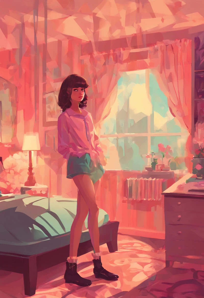 girl in retro bedroom, boudoir, Bob hair bangs, heavy boots, beautiful face, amazing body, perfect eyes, dramatic light, by JIMMY MARBLE