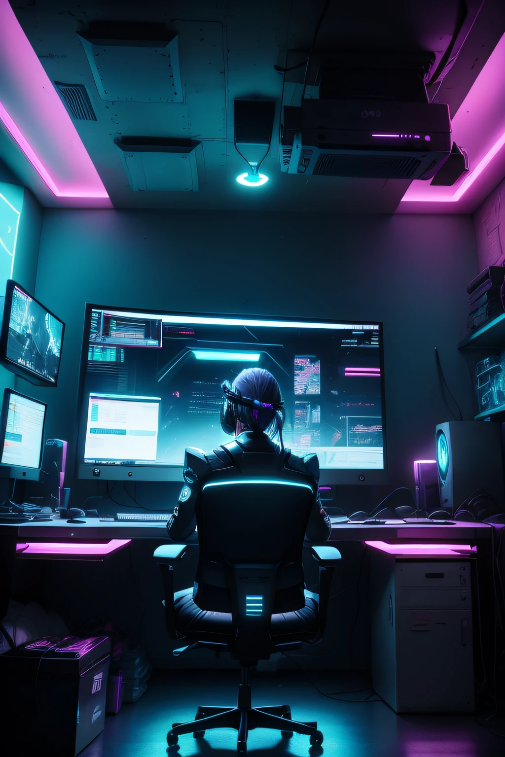 A dimly lit computer lab,There are a lot of monitors and a keyboard, cyber punk setting, Cyberpunk configuration, cyber led neon lighting, cyber space, cyberpunk with neon lighting, cyber neon lights, in a cyberpunk themed room, Indoor cyberpunk, gamer screen on metallic desk, cyber aesthetic, Cybernetic style, sci-fi computer, Cyber background, Network installation, console and computer,There are drones overhead,A cartoon character with VR glasses,Paper