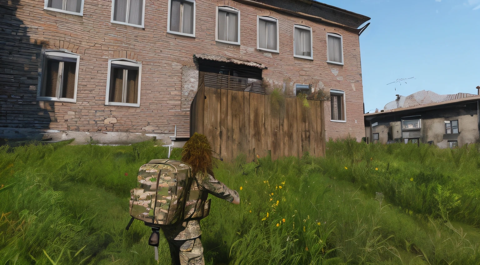 Araffe in realistic camouflage walking through a grassy field in front of a brick building, no jogo, em dayz, em Tarkov, Fuga de Tarkov, dayz, no jogo, in - jogo, Cena realista, squad fighting the enemy, arma 3 screenshot, soldados realistas, Arma 3, photorealistic content, Fadigas de campo rasgadas, Equipamento camuflado, military outpost