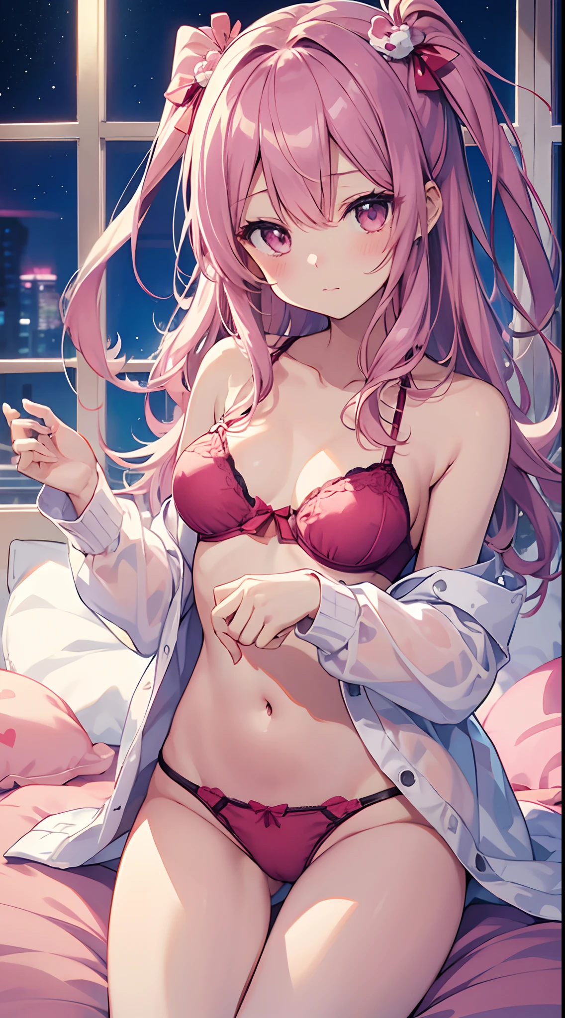 top-quality、masutepiece、1girl in、in one's underwear only、Pink lingerie、to close range、red blush、Kamimei、Staring at this、Cute anime illustration、
