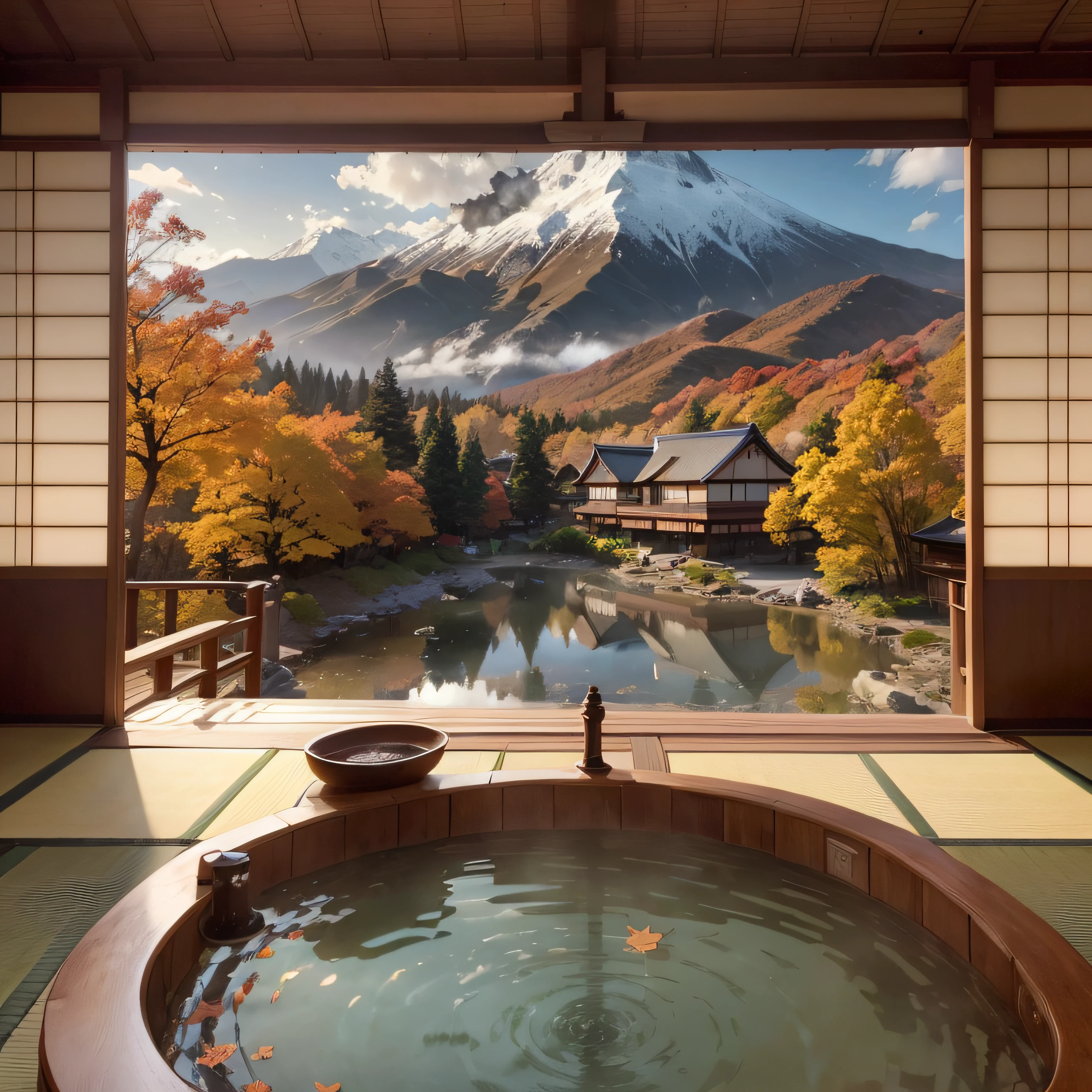 A japanese hot spring resort with mountain view in distance and leaves falling into air, hot spring, clear water, wallpaper, printable