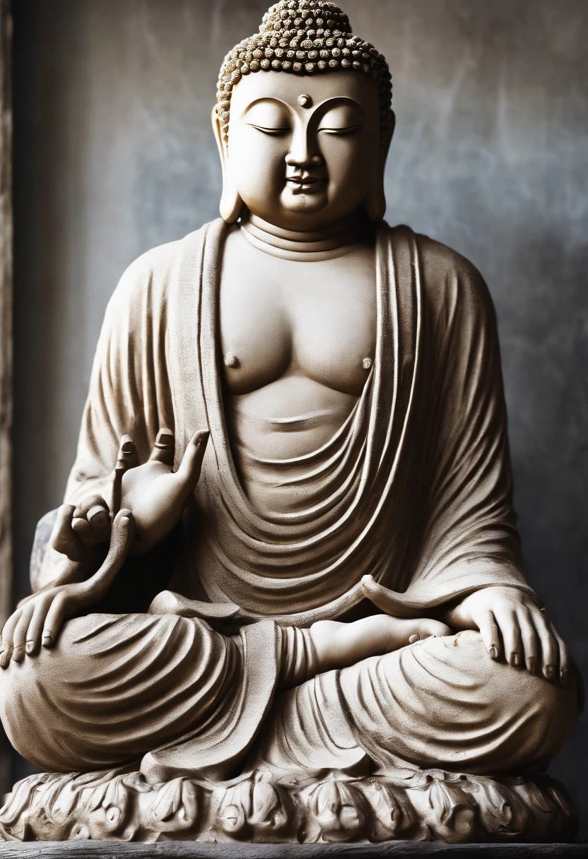Buddha statue, stone, texture, tall, majestic, with a background illuminated by sunlight
