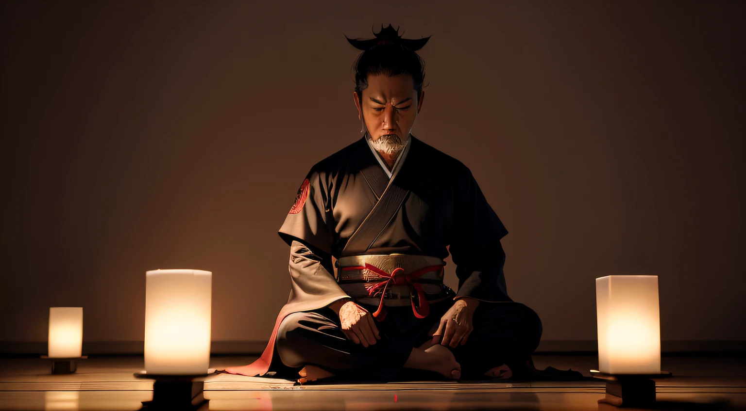 Japanese Samurai meditating, 50 anos, He is in a dark room with many candles candles, Perfect artwork, piece of master, melhor qualidade, alto, layered lighting -- 4K