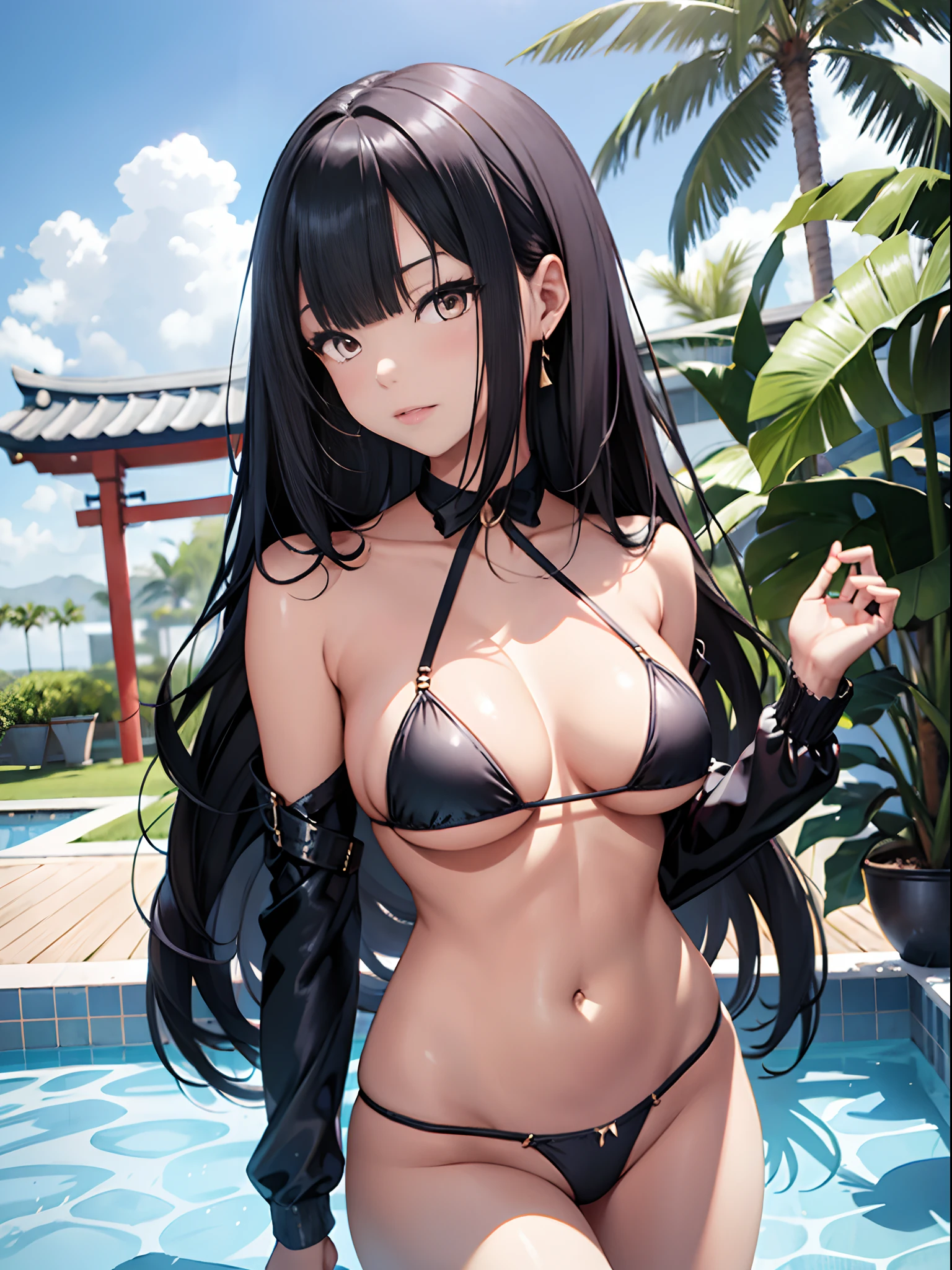 A woman in a black bikini poses by the pool, Beautiful Asian girl, Sexy girl, gorgeous bikini model, Asian girl, Japanese model, Attractive body, Sexy body, in a bikini, Sling bikini, Japanese goddess, gorgeous chinese models, elegant bikini, Cute bikini, Black bra, Beautiful body, with beautiful exotic, Beautiful asian woman, Black bikini, bikini model, Perfect body,