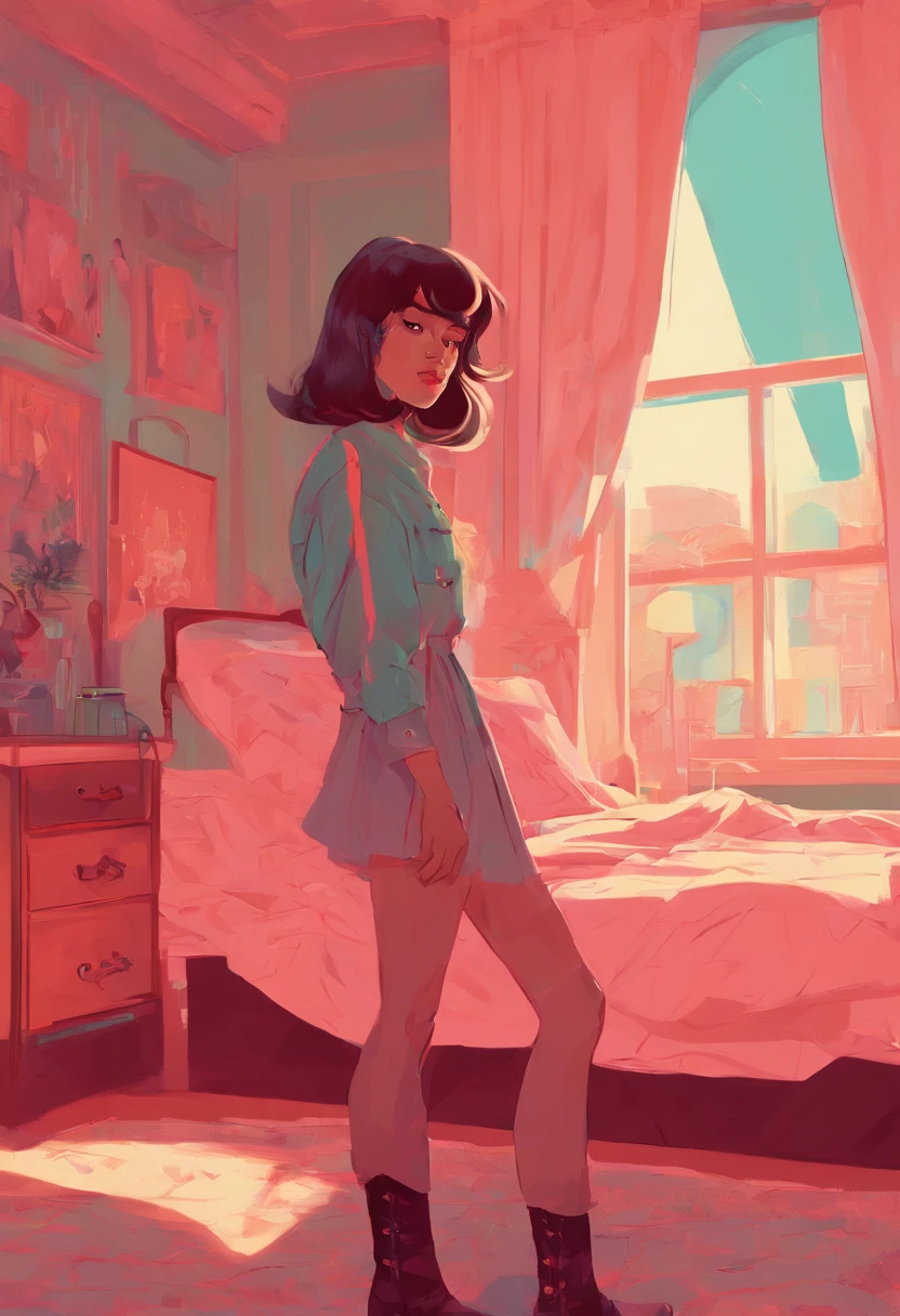 girl in retro bedroom, boudoir, Bob hair bangs, heavy boots, beautiful face, amazing body, perfect eyes, dramatic light, by JIMMY MARBLE, high detailed face