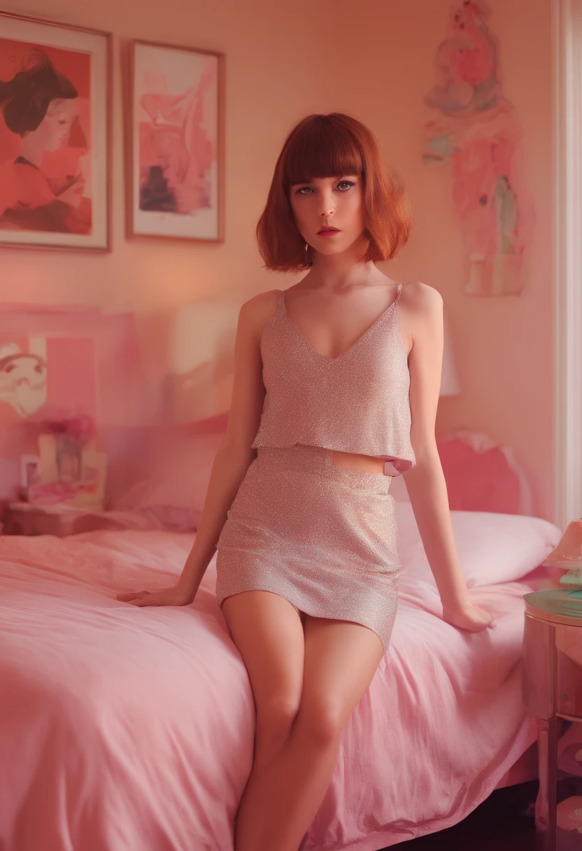 13 years old girl in retro bedroom, boudoir, Bob hair bangs, heavy boots, beautiful face, amazing body, perfect eyes, dramatic light, by JIMMY MARBLE, high detailed face