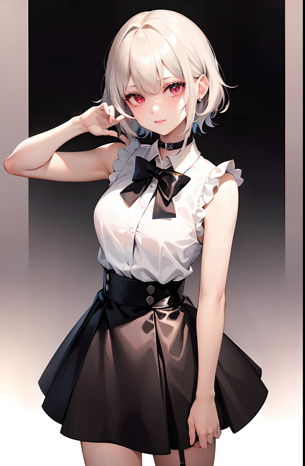 best quality, ultra high res, 1girl, sleeveless white button shirt, black skirt, black choker, cute, (Kpop idol), (aegyo sal:1), (platinum blonde hair:1), ((puffy eyes)), looking at viewer, full body, facing front