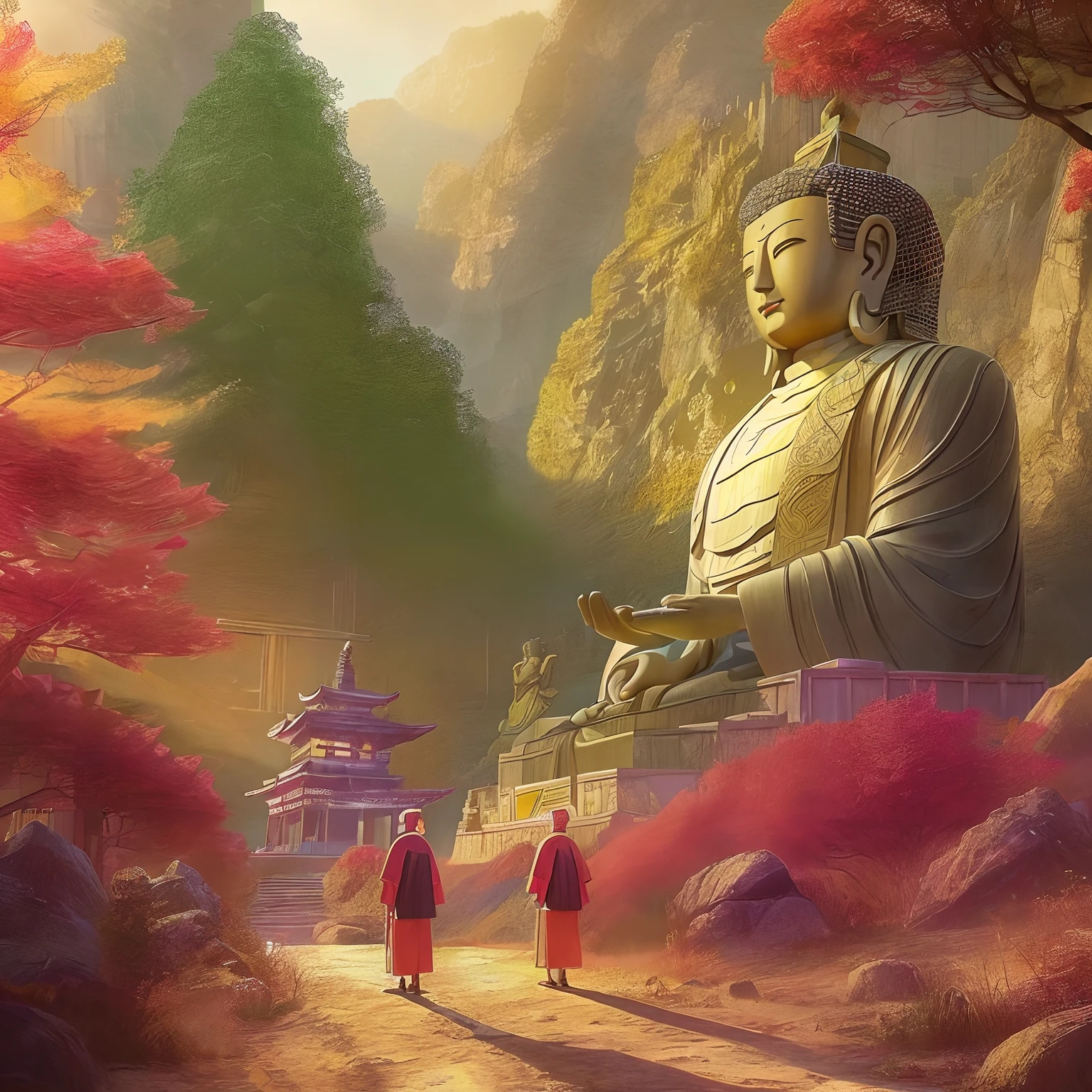 (2 pilgrims on the way:1.5), In the distance, huge Buddha statues are hidden in the mountains,Peaceful face,Stoic face, a Buddhist Buddha, Buddhism, Buddha, Buddhist, The rising sun shines golden in the sky,The holy light shines on the Buddha statue，Zen temple background,Verism, En plein air, Cinematic lighting, stereograms, Masterpiece, hyper HD, Best quality