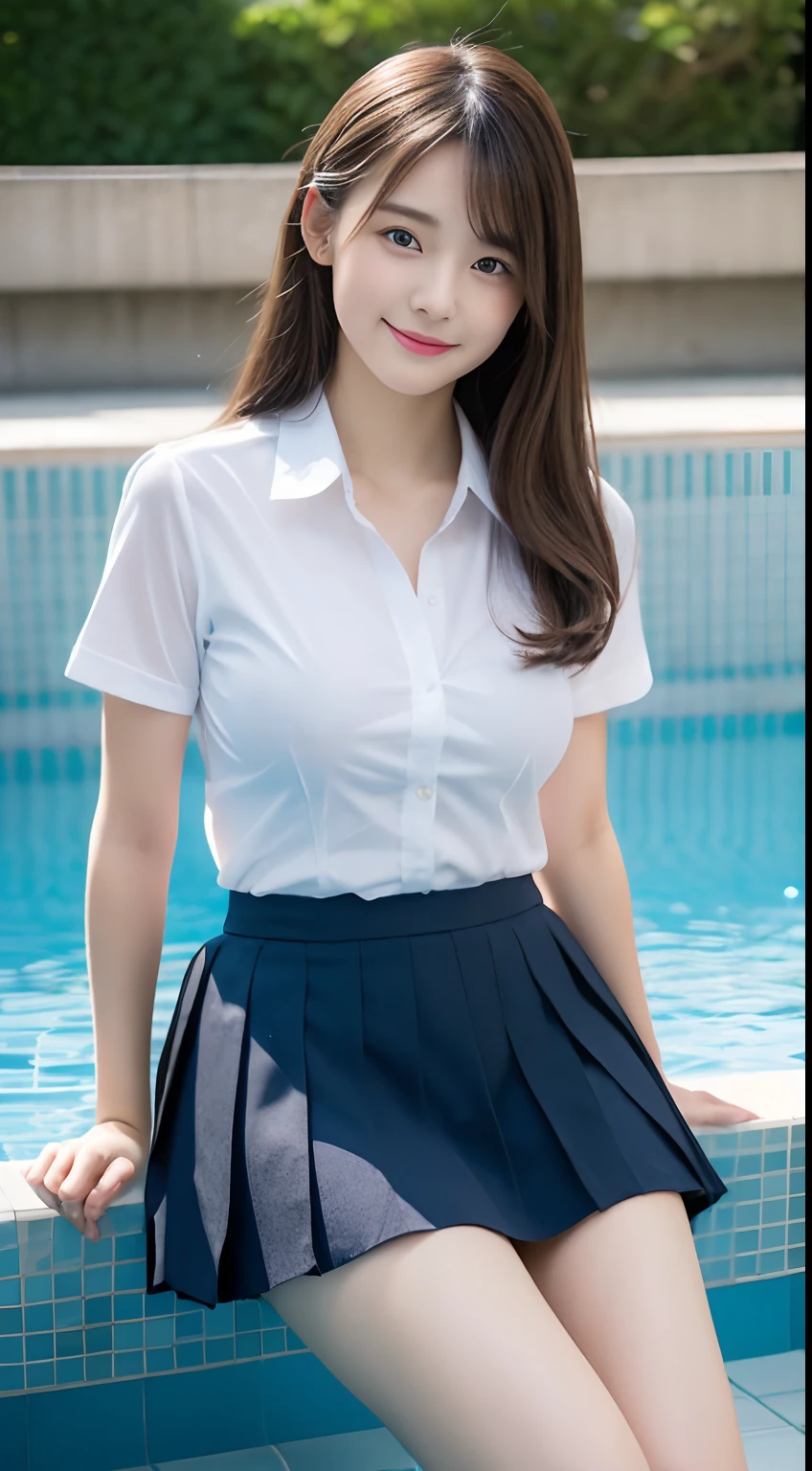 (8K), (highest quality: 1.2), (Realistic), (Realistic: 1.37), Ultra-high resolution, 1 girl, cute, (Embarrassed smile:1.2), (Blushing:1.4),Mouth closed, Beautiful details, Beautiful Nose, black straight Hair, giant dulcefo, pork, Thighs,Navel exposed,University Student Uniform,A simple blazer,Pleated skirt,(The skirt and tie are tartan check pattern.:1.3), (sitting on a poolside chair :1.2),(Shiny Thighs:1.2), medium shot ,脚を閉じて