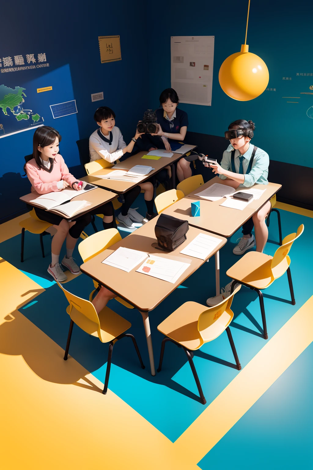 Teachers and students in the classroom, Decorated with pictorial elements, Some students are flying drones, Some students are using cartographic tools, Some students are playing with virtual reality, The teacher is taking pictures of the students with a video camera. Cartoon image with bright background、plethora of colors, Rich detail background with digital media elements realistic Chinese style