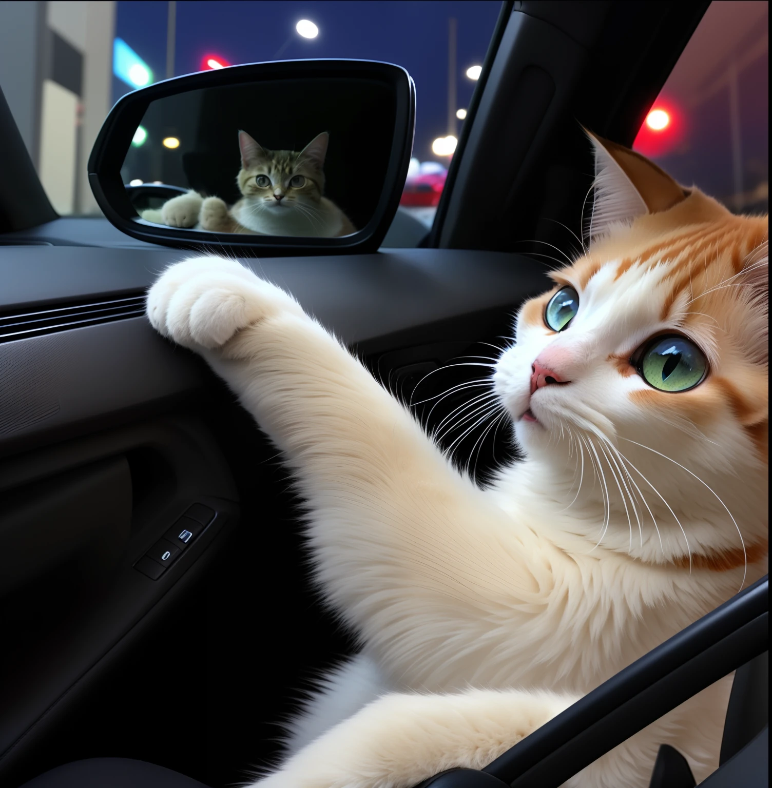 There was a cat sitting in the car，Paws on the steering wheel, the cat who could drive a car, waving at the camera, Cute cat, paws on steering wheel, paw pov, Waving, A cute cat, waving and smiling, the cutest kitten ever, driving car, funny cat, very beautiful cute catgirl, awesome cat