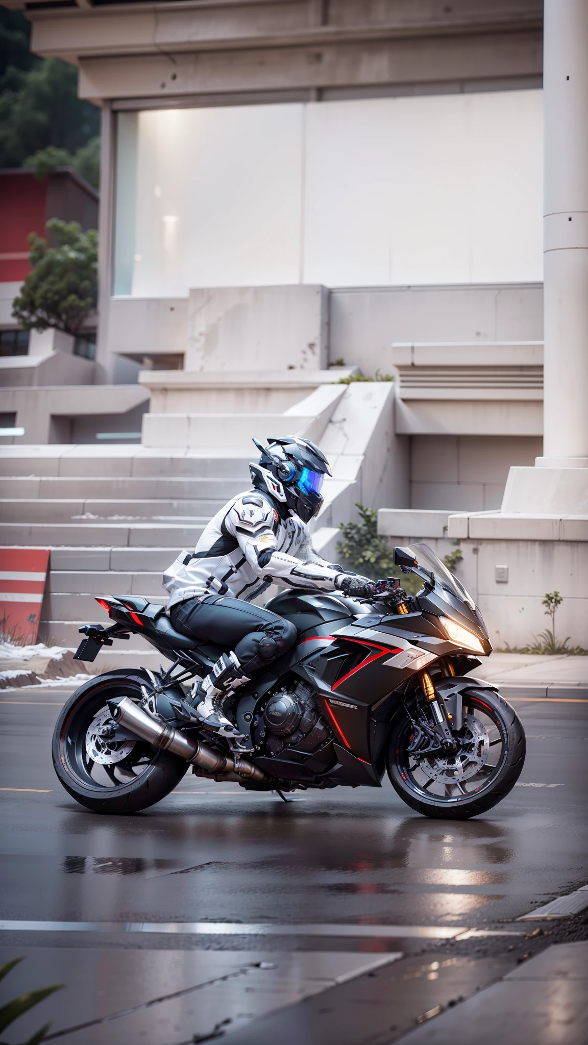 Handsome cyber handsome warrior with white mech，Black Cyber mechanical motorcycle，High-tech black full enveloping helmet，with short white hair，Nousr， Biomechanicals， MSHN Robot Man，High-tech helmet，hyper realisitc， Steel， Complex design， insanely details， finely detailled， Extremely clear lines， cinmatic lighting， photograph realistic， A detailed masterpiece