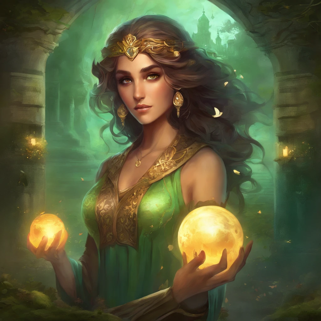 segurando uma bola brilhante, mago feminino, Estilo Necromante: Worn brown tunic, olhos verdes, um cabelo desarrumado. Background image of cemetery, Gender Female