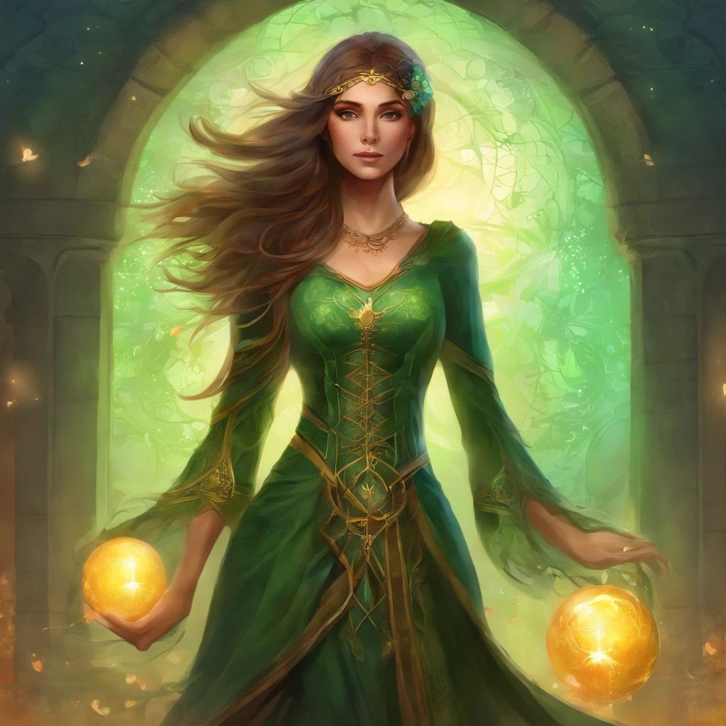 segurando uma bola brilhante, mago feminino, Estilo Necromante: Worn brown tunic, olhos verdes, um cabelo desarrumado. Background image of cemetery, Gender Female