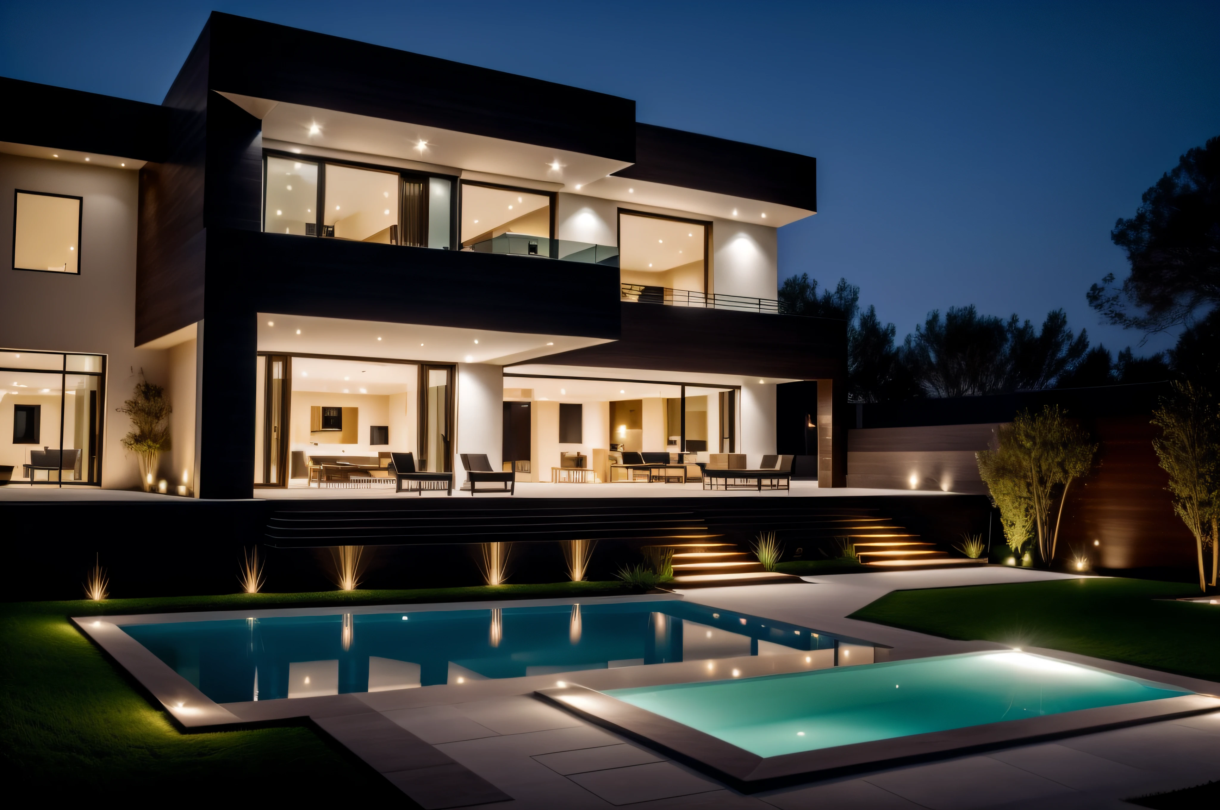 "luxurious modern house with elegant garden lighting"