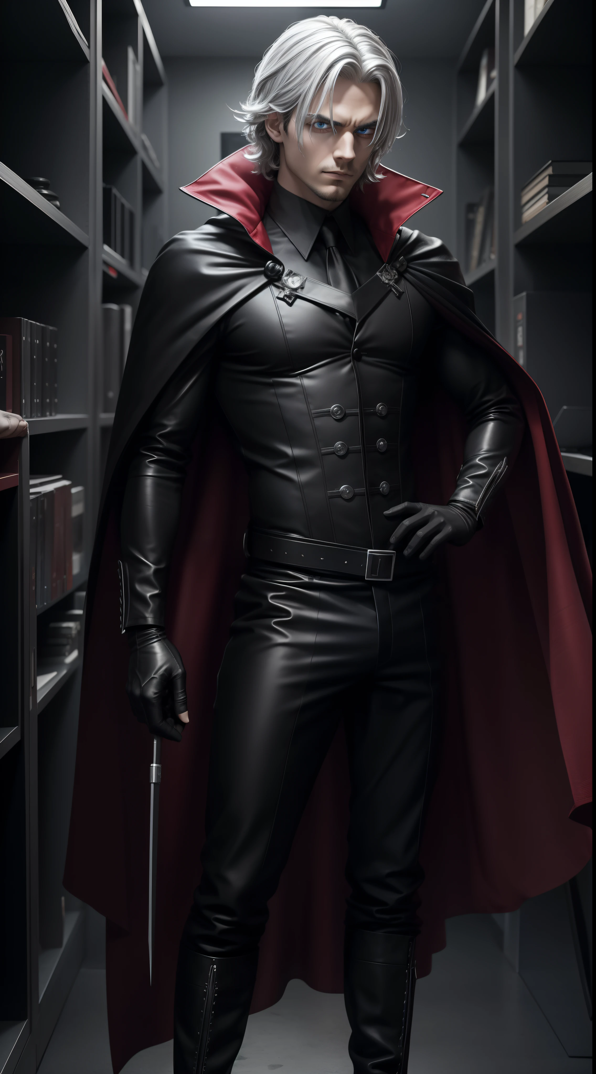 um cientista alto e magro, with silver, shaggy hair falling over his pale face. His eyes are bright and intense, with red irises that reflect your obsession with technology. He wears a malevolent scientist costume with a flowing black cape, accentuating its sinister presence. Its look is finished with black leather gloves and boots, giving it a menacing and technological aura.