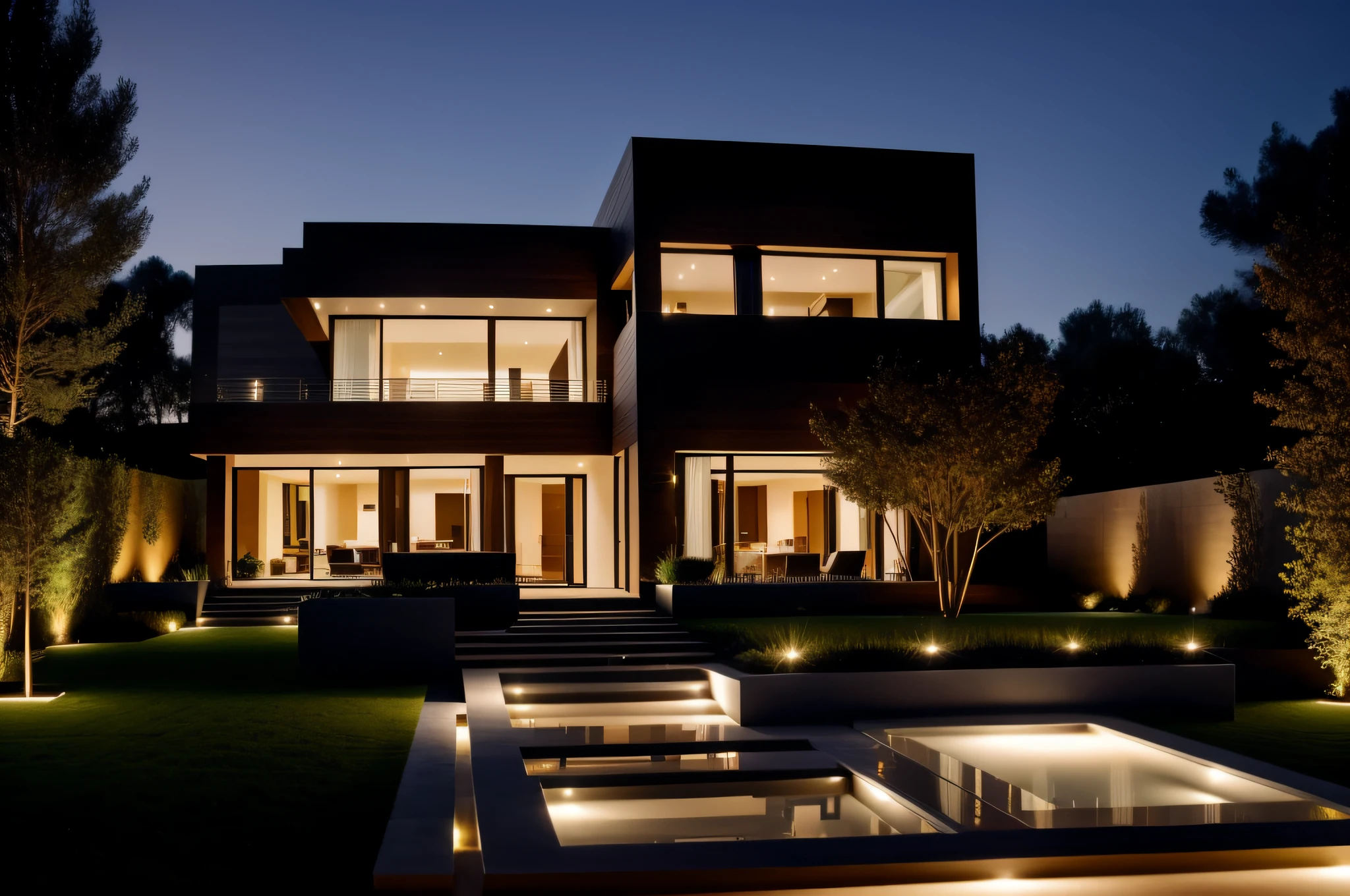 "luxurious modern house with elegant garden lighting"