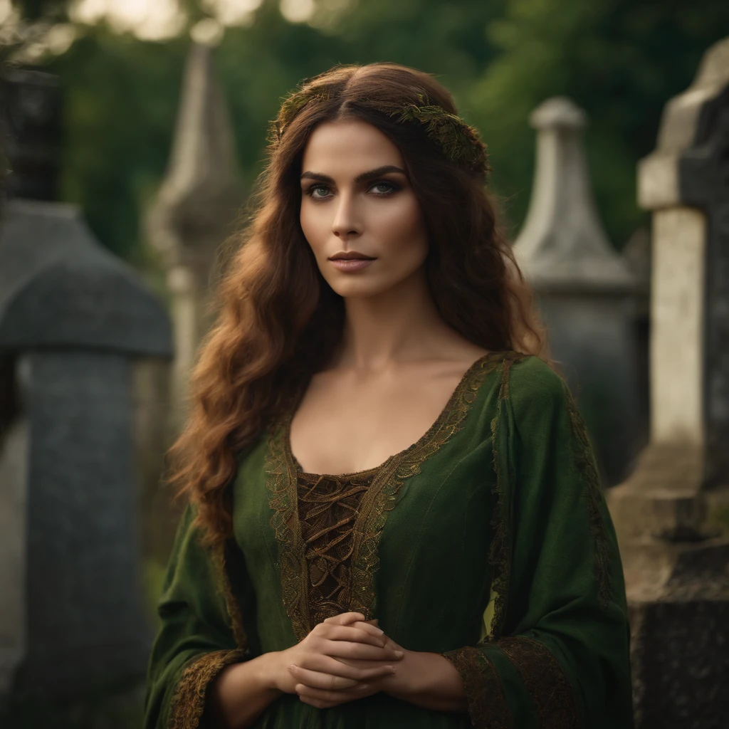 segurando uma bola brilhante, mago feminino, Estilo Necromante: Worn brown tunic, olhos verdes, um cabelo desarrumado. Background image of cemetery, Gender Female