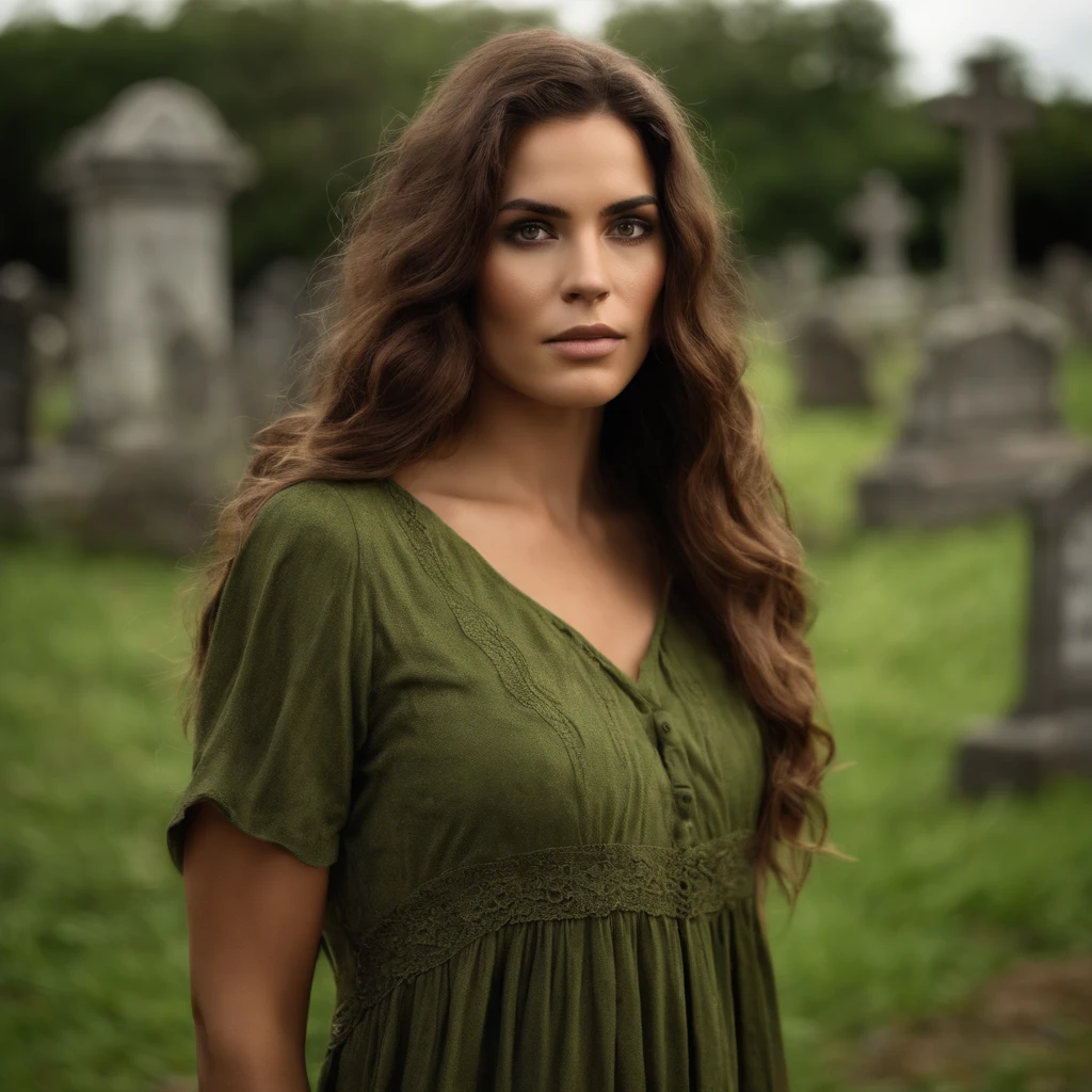 segurando uma bola brilhante, mago feminino, Estilo Necromante: Worn brown tunic, olhos verdes, um cabelo desarrumado. Background image of cemetery, Gender Female