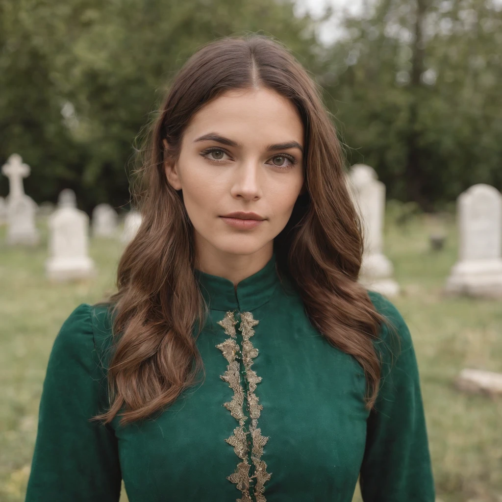 segurando uma bola brilhante, mago feminino, Estilo Necromante: Worn brown tunic, olhos verdes, um cabelo desarrumado. Background image of cemetery, Gender Female