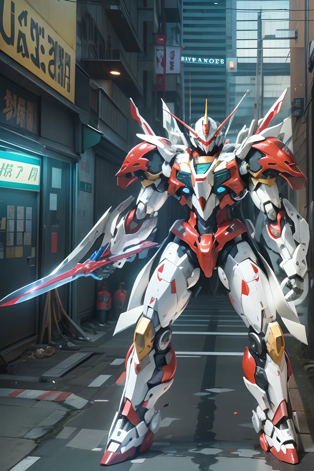 Close-up of a robot with a sword and a red and white suit, modern mecha anime, Japan Tekkaman Blade, a Knight of the Romantic Universe,anime robotic mixed with organic, mecha anime, anime large mecha robot, cool mecha style, eva unit 0 1, anime robots, Extreme Gundam, full body mecha suit,Mecha, sharp high quality anime, evangelion third impact inspired