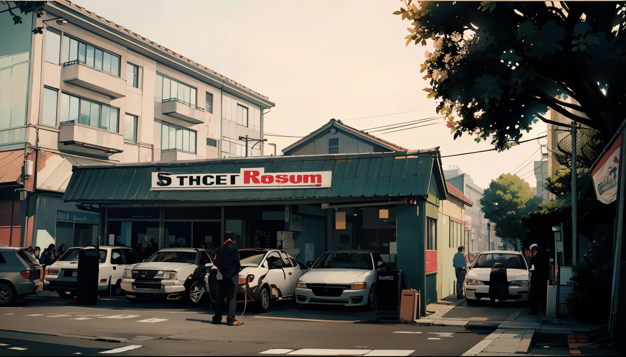 there are two cars parked in front of a store on the street, street background, in front of ramen shop, japanese street, rob rey and kentaro miura style, in style of digital illustration, set in tokyo bank parking lot, style of gta v artworks, tokyo anime scene, made with anime painter studio, anime style mixed with fujifilm