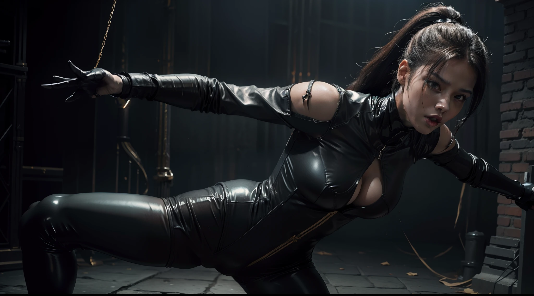 There's a woman in fighting pose dressed in latex leotard, fight, mortal Kombat, latex bodysuit, action pose, sexy leotard, thong leotard, dark vibes, combat pose, cinematic, ultra detailed, photorealistic, best quality, masterpiece.