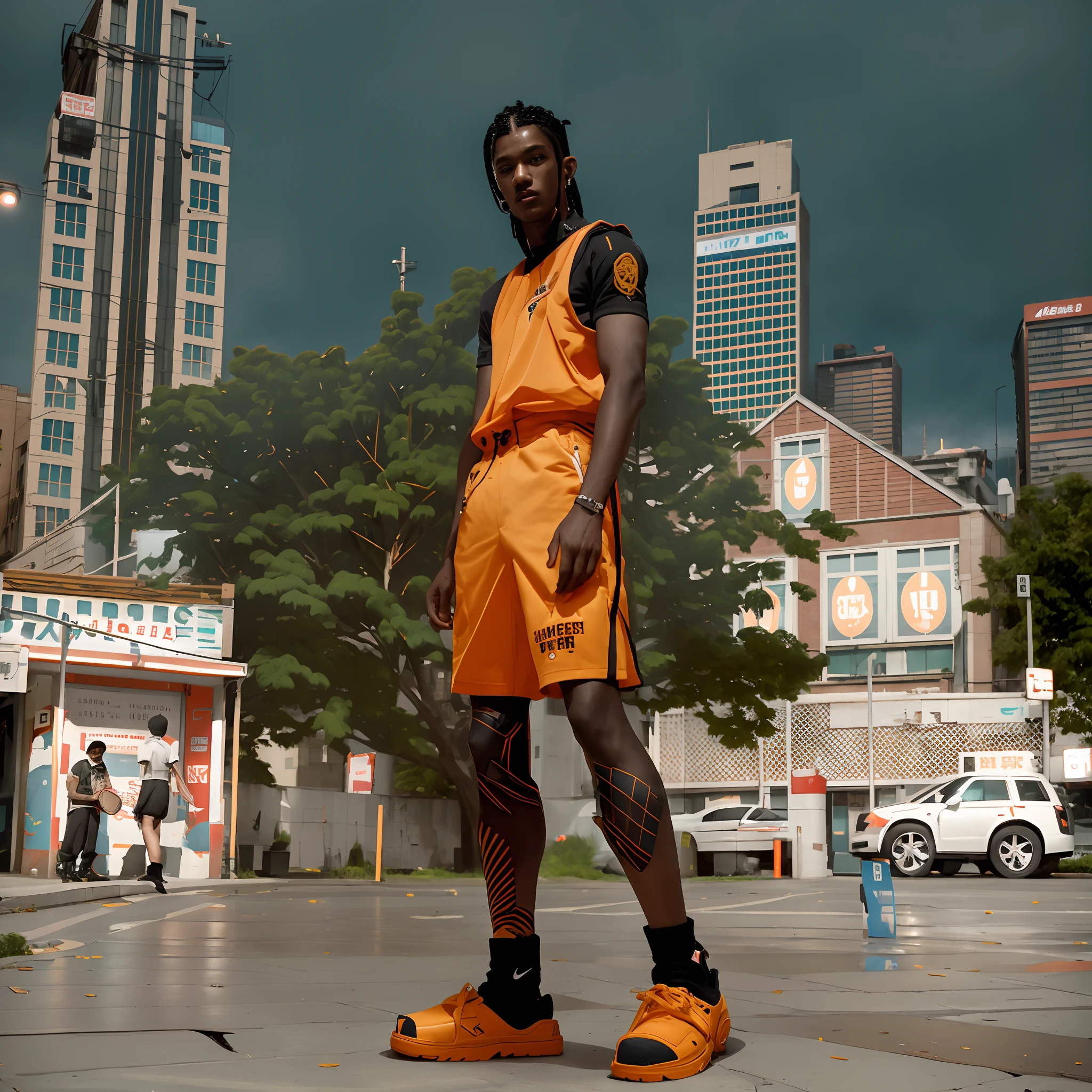 There's a man standing on a skateboard in a city, heron preston, standing in a city street, standing in a city center, Cyberpunk Streetwear, inspirado em Mike Winkelmann, standing on a township street, cargo pants. CIDADE CYBERPUNK, outlive streetwear collection, Alexey Egorov, No estilo Jordan Grimmer, Fotografia Editorial