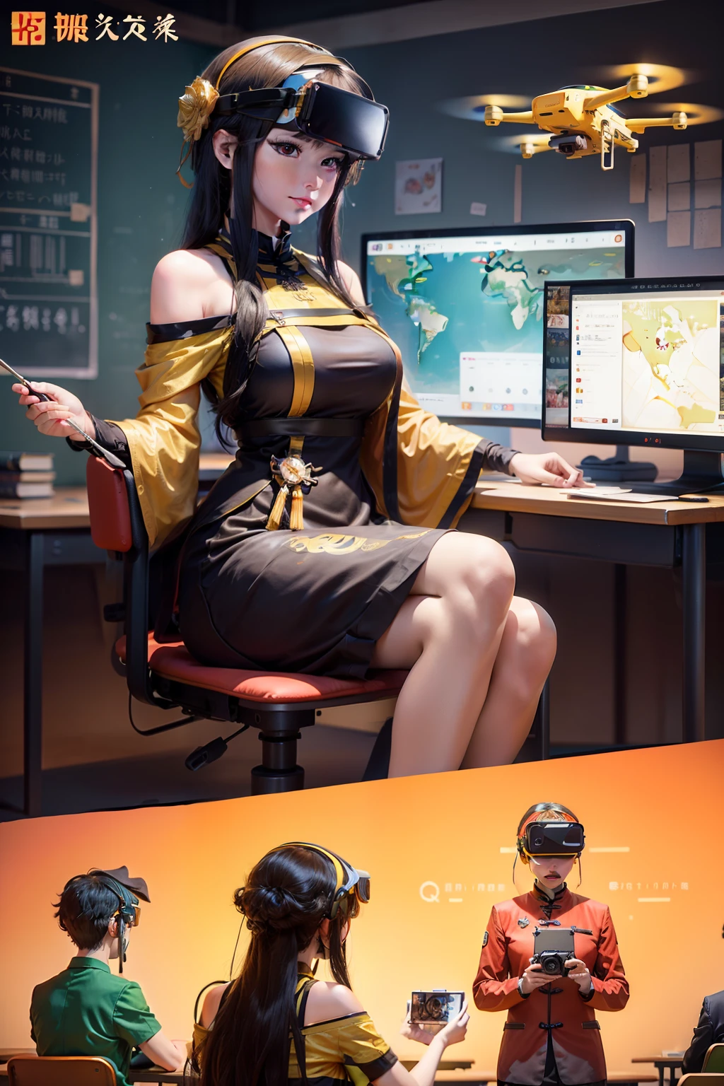 Teachers and students in the classroom, Decorated with pictorial elements, Some students are flying drones, Some students are using cartographic tools, Some students are playing with virtual reality, The teacher is taking pictures of the students with a video camera. Cartoon image with bright background、plethora of colors, Rich detail background with digital media elements realistic Chinese style
