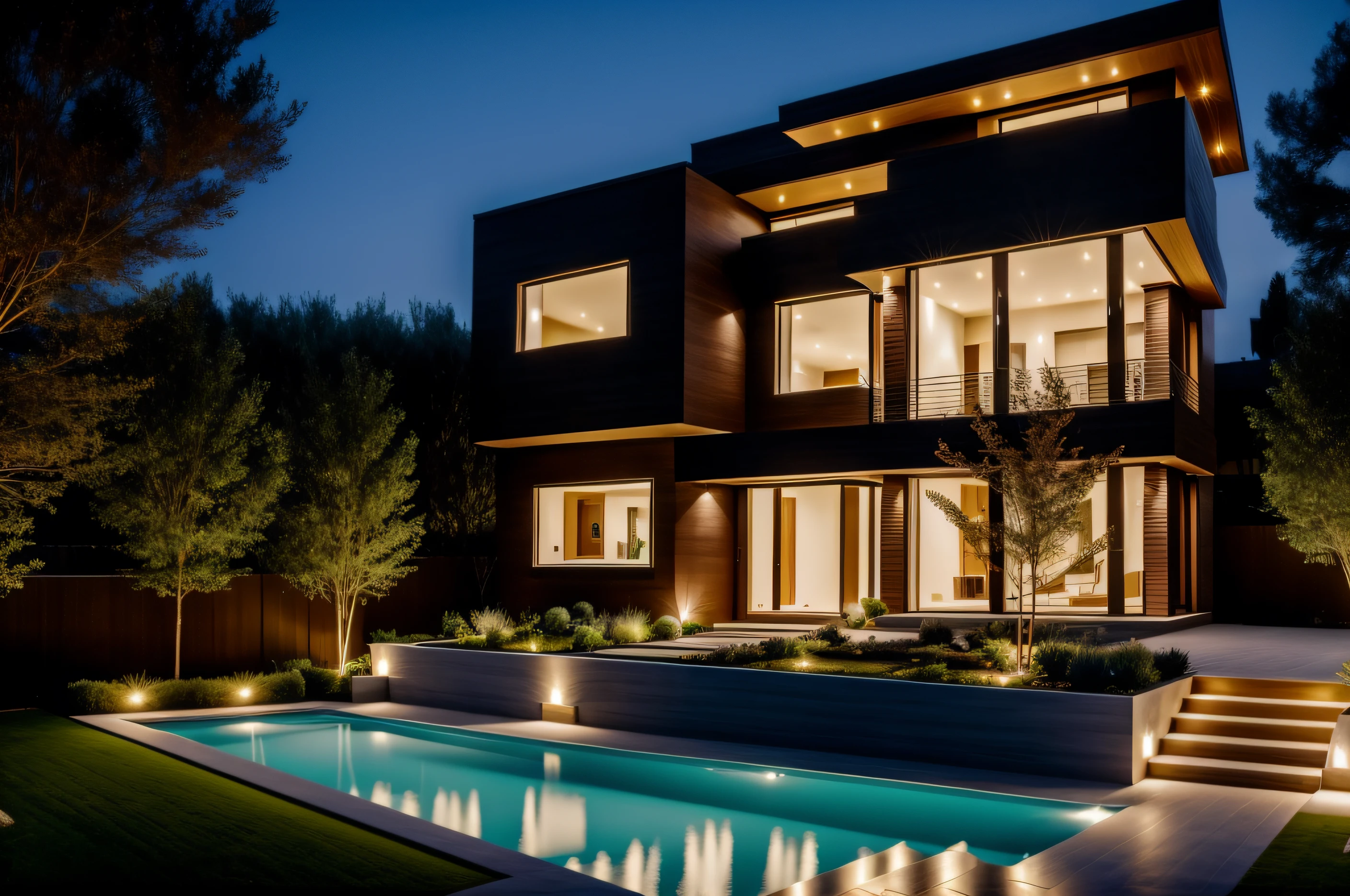 "luxurious modern house with elegant garden lighting"
