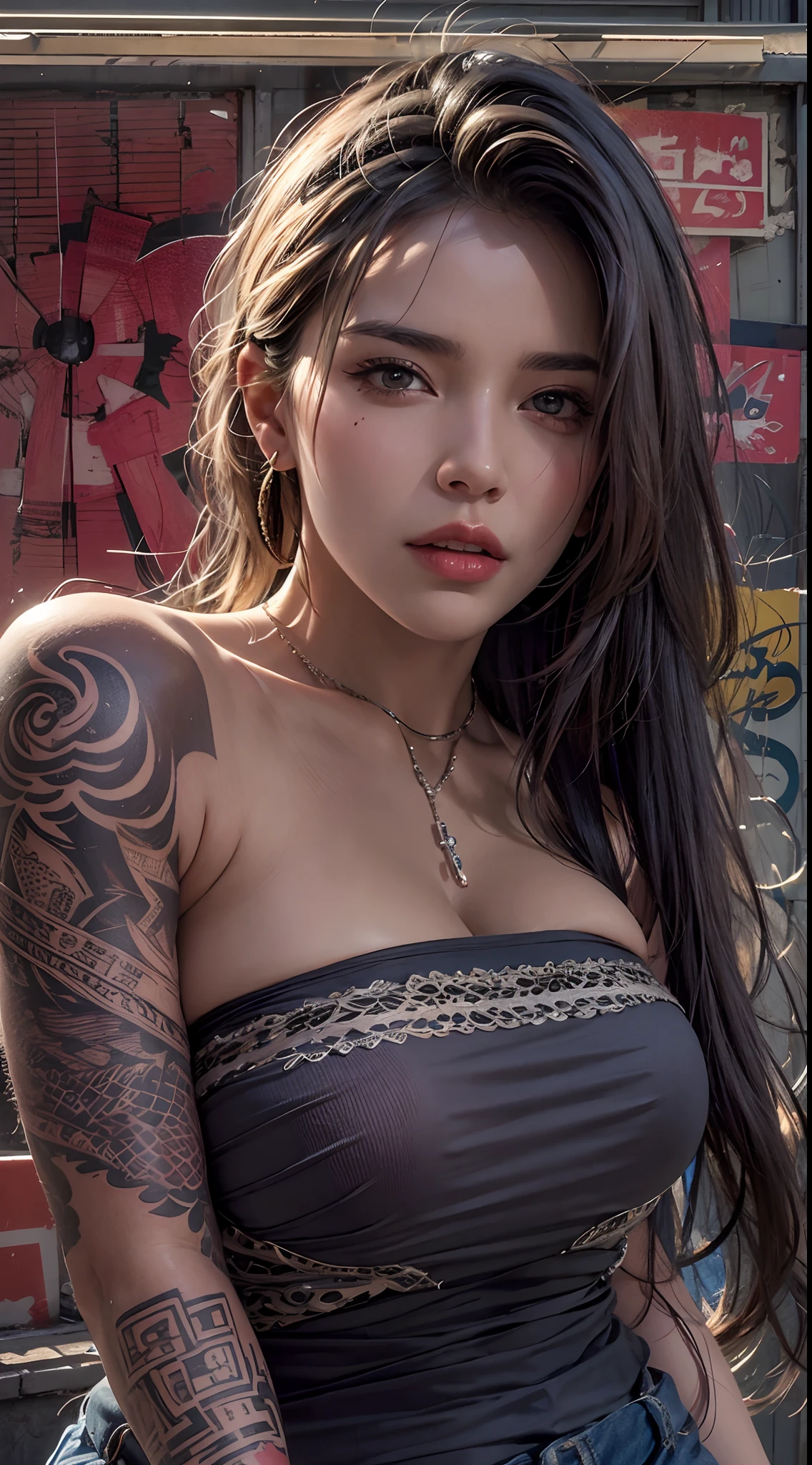 A beautiful sexy woman, big breasts, , exposed breasts, small  breasts,classic sexy underwarefitness body, tattoo, hd,8k, pale and glossy skin,hair detail, natural ligh, realistic ,back