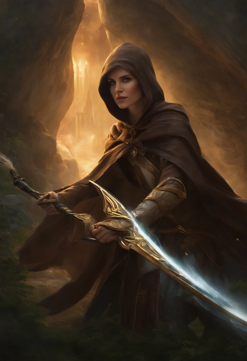 Um mago feminino antigo medieval ocidental,A female mage in a brown cloak is releasing a bow,The hood covers his face and he can't see clearly,(An electric arc around the hand:1.3),pronto para atacar,imponente,(Thunder Magic),(The bow was released from the female mage's hand),The current spreads around,paisagem medieval,genial,4k,melhor qualidade,primitivo,((Ultra-detailed, high-precision details)),Hero of Power & Magia 3,genial,The bottom is the canyon plain,The scene is impressive