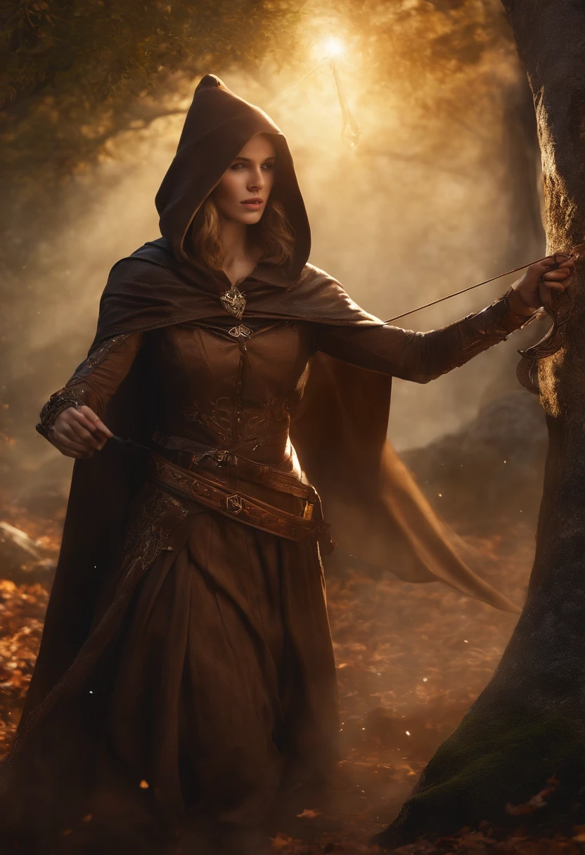 Um mago feminino antigo medieval ocidental，A female mage in a brown cloak is releasing a bow，The hood covers his face and he can't see clearly，（An electric arc around the hand：1.3），pronto para atacar，imponente，（Thunder Magic），（The bow was released from the female mage's hand），The current spreads around，paisagem medieval，genial，4k，melhor qualidade，primitivo，（(Ultra-detailed, high-precision details))，Hero of Power & Magia 3，genial，The bottom is the canyon plain，The scene is impressive