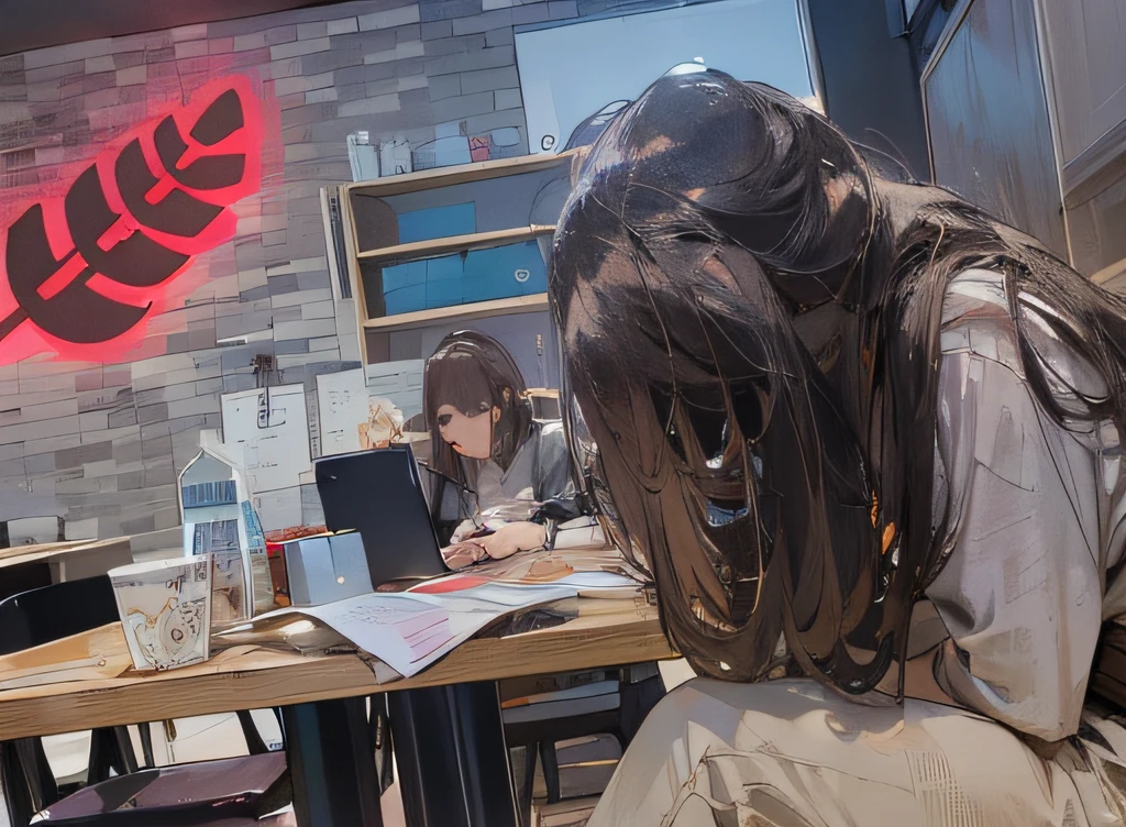 there is a woman sitting at a table writing on a piece of paper, sitting in a cafe, trying to study, in a coffee shop, sitting in a cafe alone, studying, sitting alone in a cafe, candid shot, uhd candid photo of dirty, facing away from the camera, over the shoulder perspective, facing away from camera, over the shoulder
