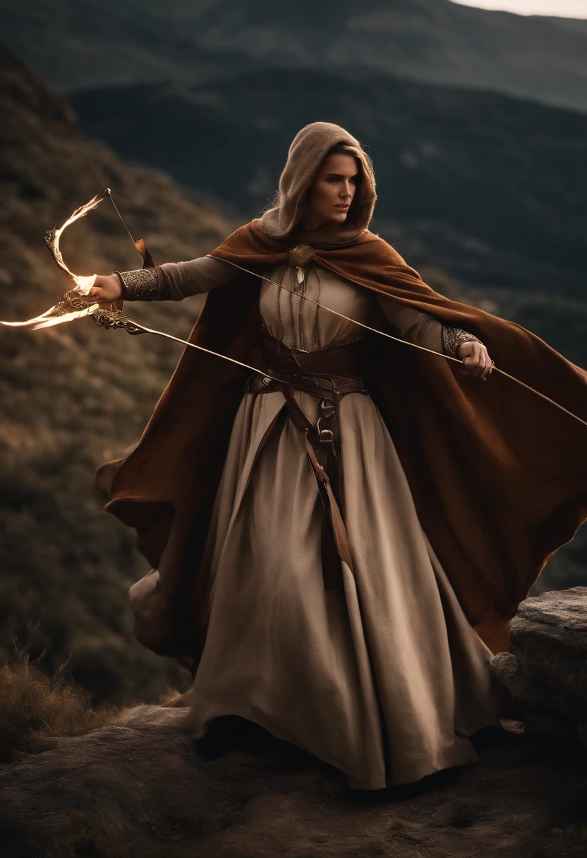 Um mago feminino antigo medieval ocidental,A female mage in a brown cloak is releasing a bow,The hood covers his face and he can't see clearly,(An electric arc around the hand:1.3),pronto para atacar,imponente,(Thunder Magic),(The bow was released from the female mage's hand),The current spreads around,paisagem medieval,genial,4k,melhor qualidade,primitivo,((Ultra-detailed, high-precision details)),Hero of Power & Magia 3,genial,The bottom is the canyon plain,The scene is impressive