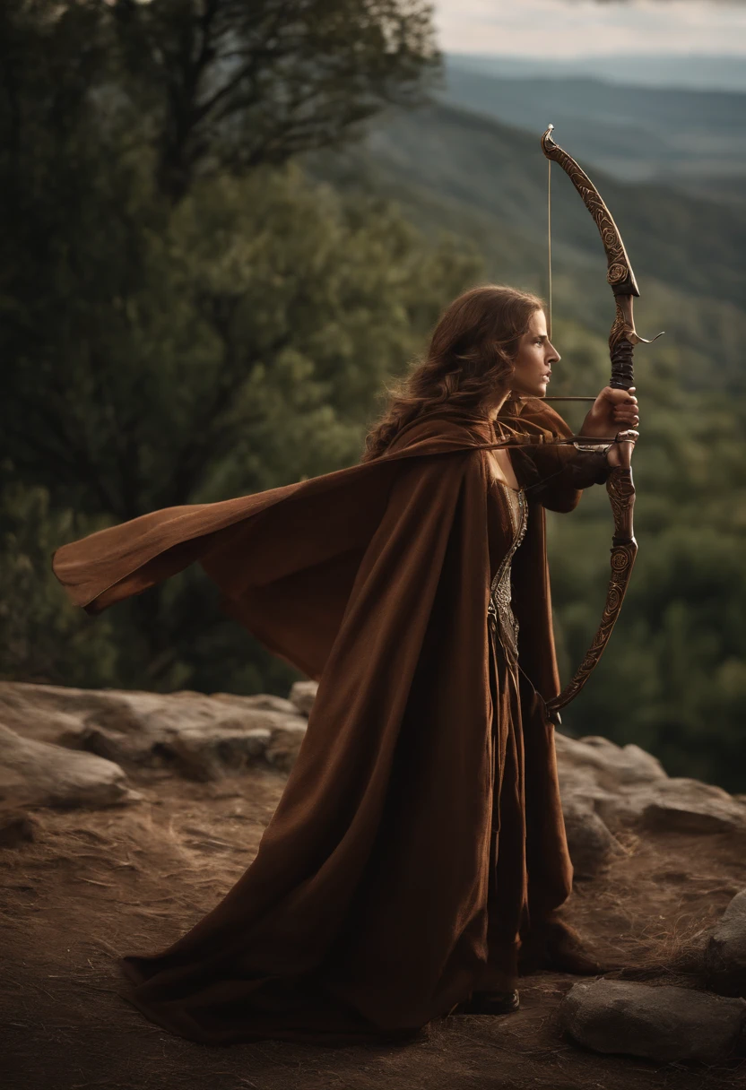Um mago feminino antigo medieval ocidental,A female mage in a brown cloak is releasing a bow,The hood covers his face and he can't see clearly,(An electric arc around the hand:1.3),pronto para atacar,imponente,(Thunder Magic),(The bow was released from the female mage's hand),The current spreads around,paisagem medieval,genial,4k,melhor qualidade,primitivo,((Ultra-detailed, high-precision details)),Hero of Power & Magia 3,genial,The bottom is the canyon plain,The scene is impressive