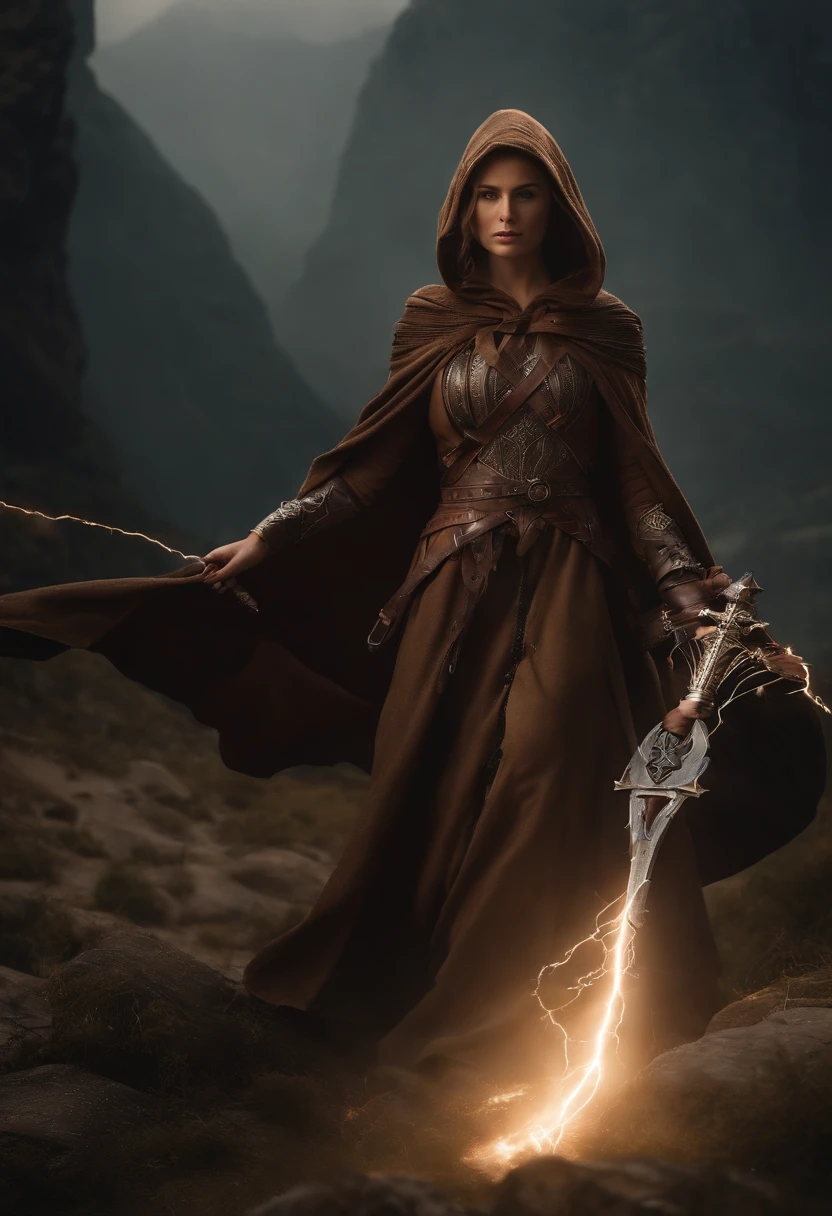 Um mago feminino antigo medieval ocidental,A female mage in a brown cloak is releasing a bow,The hood covers his face and he can't see clearly,(An electric arc around the hand:1.3),pronto para atacar,imponente,(Thunder Magic),(The bow was released from the female mage's hand),The current spreads around,paisagem medieval,genial,4k,melhor qualidade,primitivo,((Ultra-detailed, high-precision details)),Hero of Power & Magia 3,genial,The bottom is the canyon plain,The scene is impressive