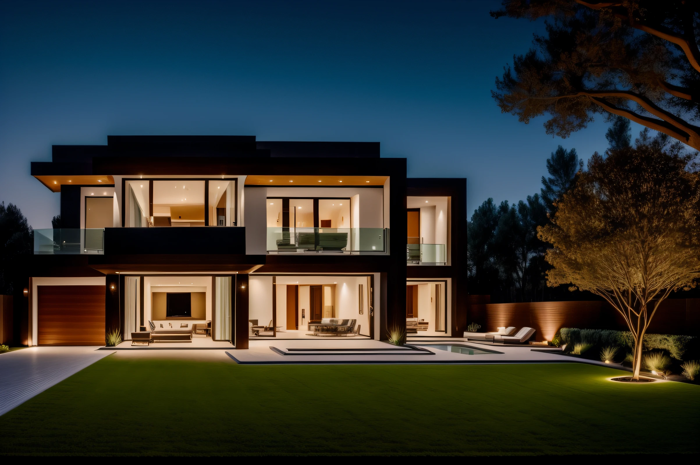 "luxurious modern house with elegant garden lighting"