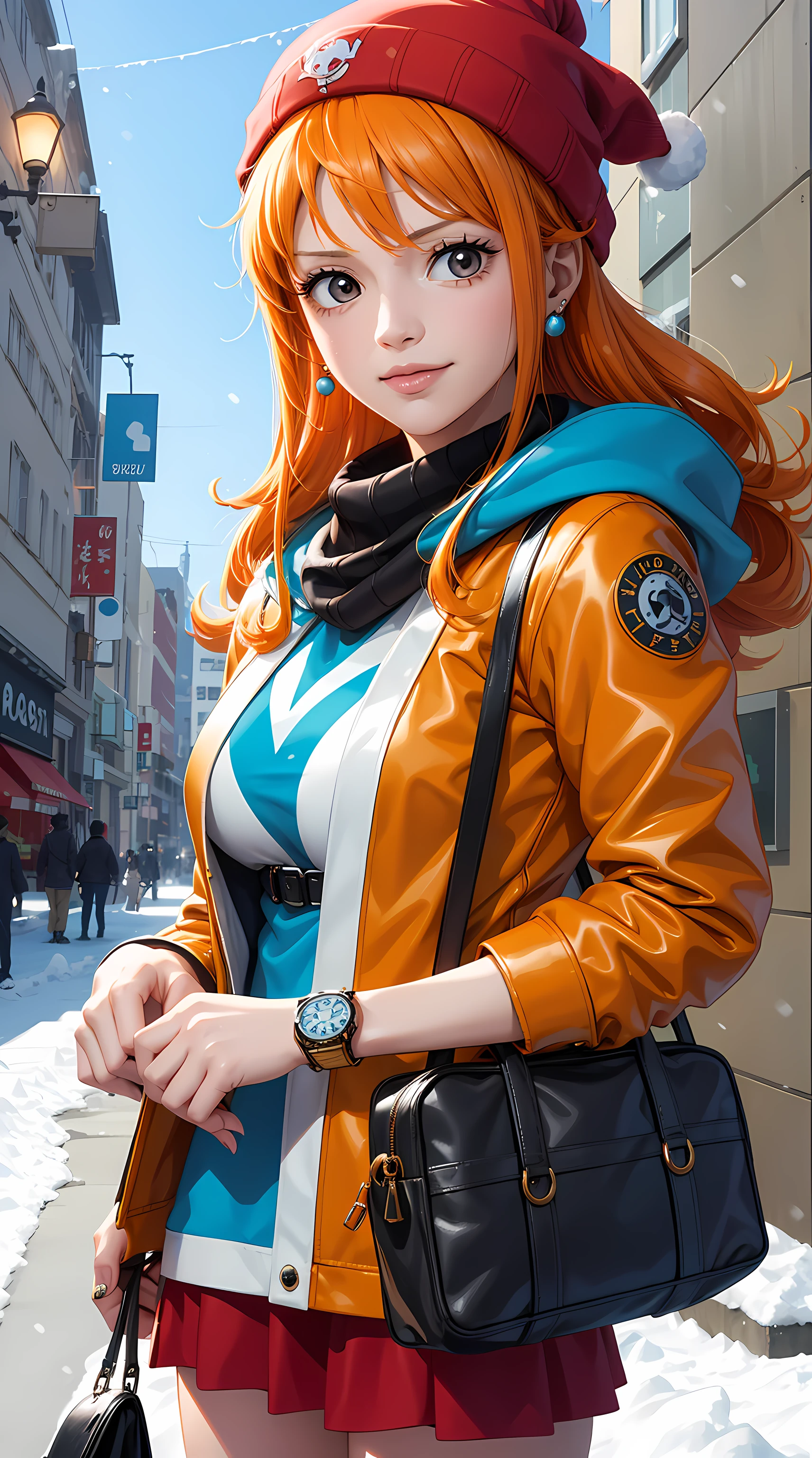 NamiFinal, Nami from the anime One Piece, long hair, orange hair, bangs, beautiful, beautiful woman, perfect body, perfect breasts, wearing a beanie, wearing a winter jacket, wearing a duffle coat, carrying a bag, wearing a watch, wearing earrings earrings, in public, creatures in tokyo city, being on the street, snow on the street, it's snowing, looking at the viewer, a slight smile, realism, masterpiece, textured leather, super detail, high detail, high quality, best quality, 1080p, 16k